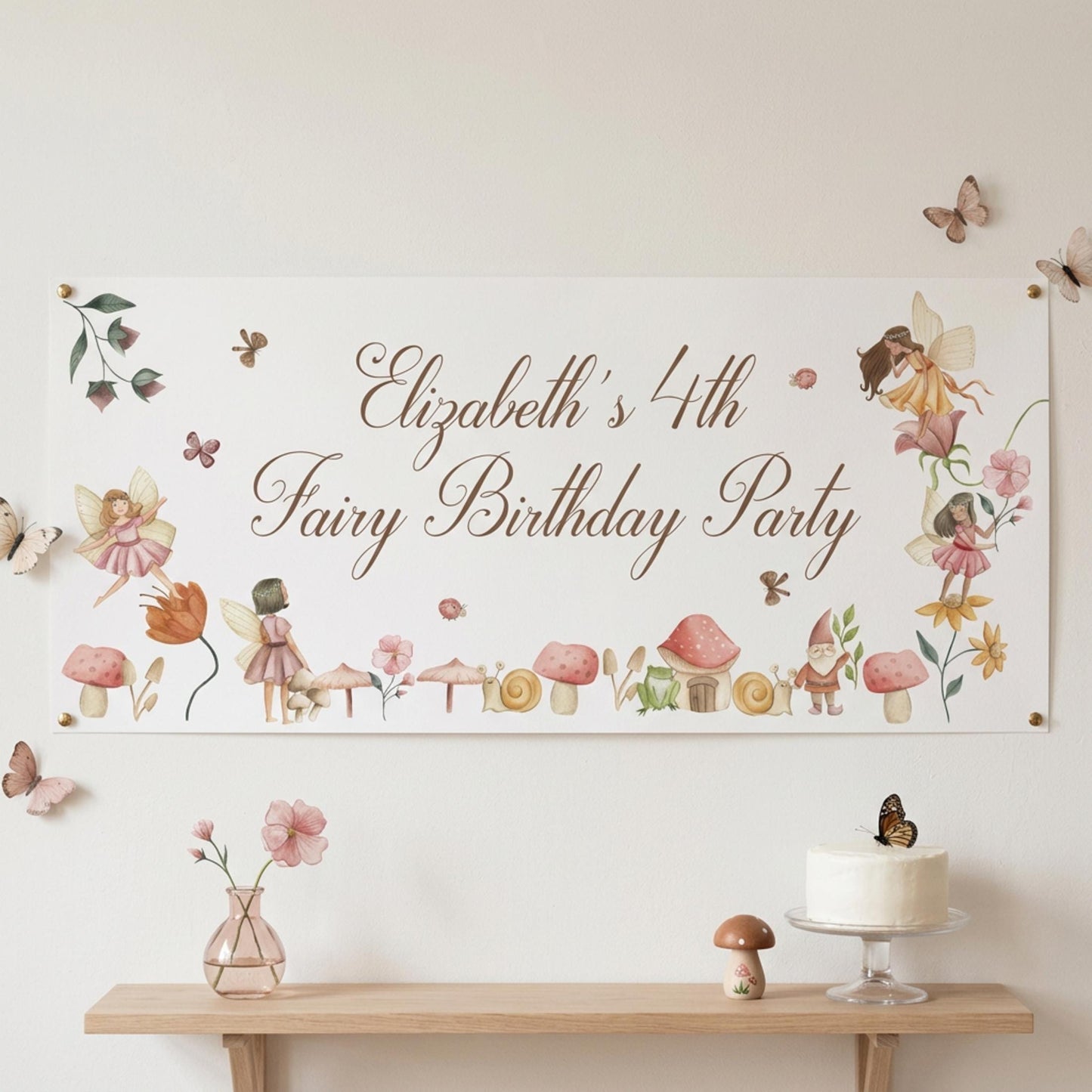 Personalised Fairy Woodland Birthday Banner, Custom Girls Party Backdrop, Matte Paper Print