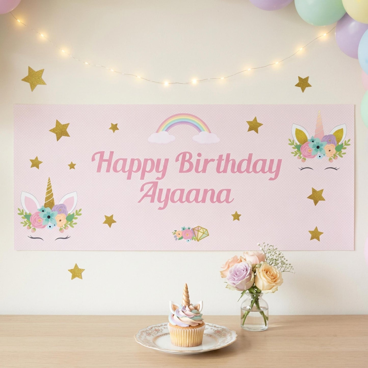 Personalised Unicorn Birthday Backdrop, Magical Rainbow Party Decor for Girls, Cake Table Wall Decor
