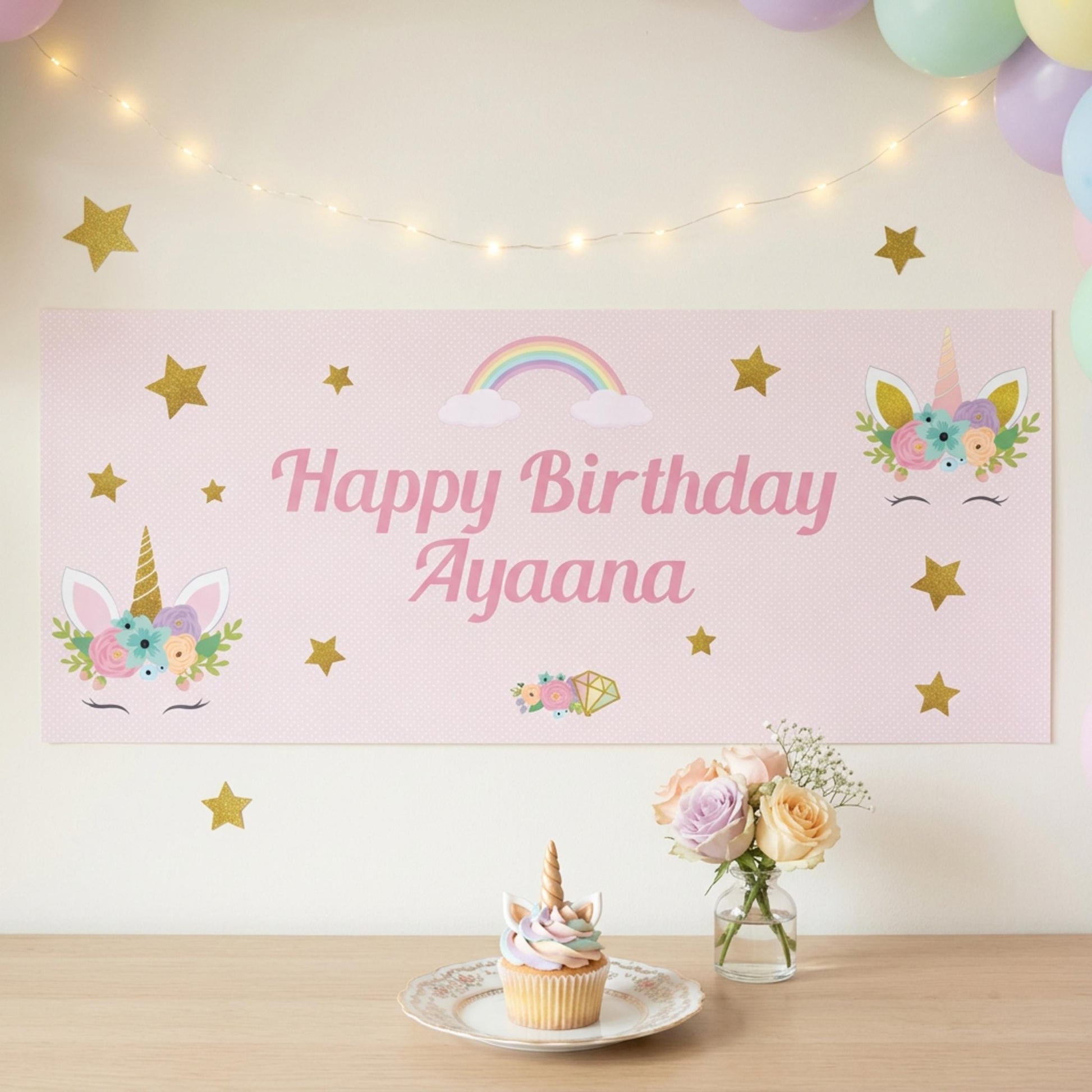 Personalised Unicorn Birthday Backdrop, Magical Rainbow Party Decor for Girls, Cake Table Wall Decor
