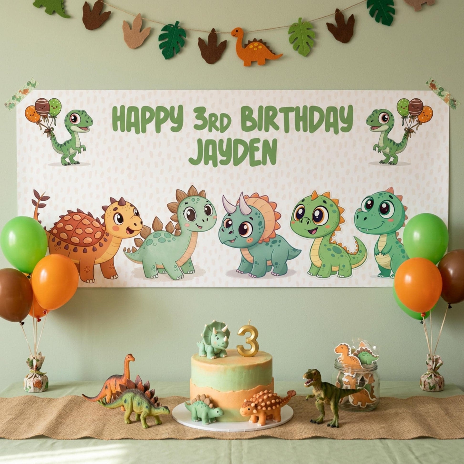 Personalised Dinosaur Birthday Banner, Custom Dino Cake Table Backdrop
