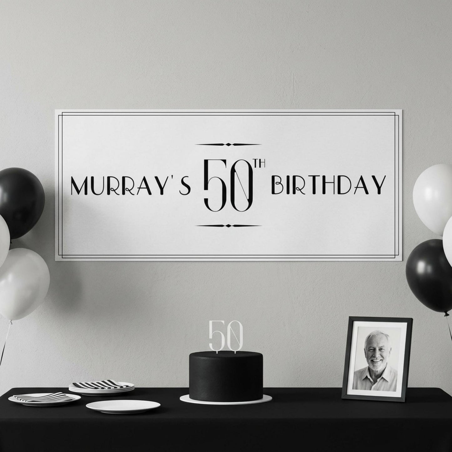 Personalised 50th Birthday Banner, Custom Name Art Deco Party Poster