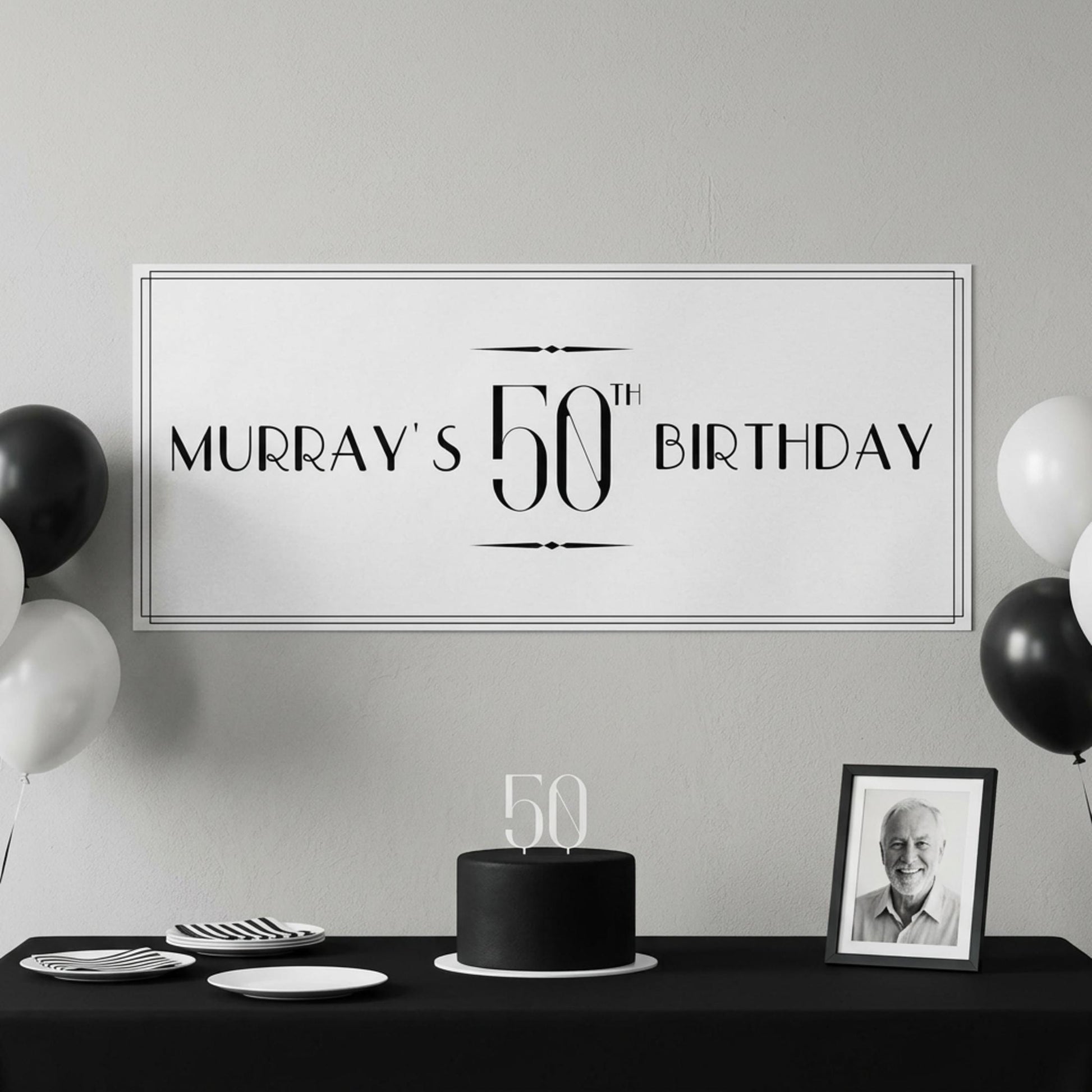 Personalised 50th Birthday Banner, Custom Name Art Deco Party Poster