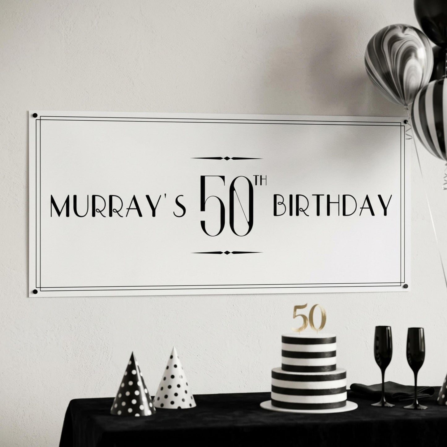 Personalised 50th Birthday Banner, Custom Name Art Deco Party Poster