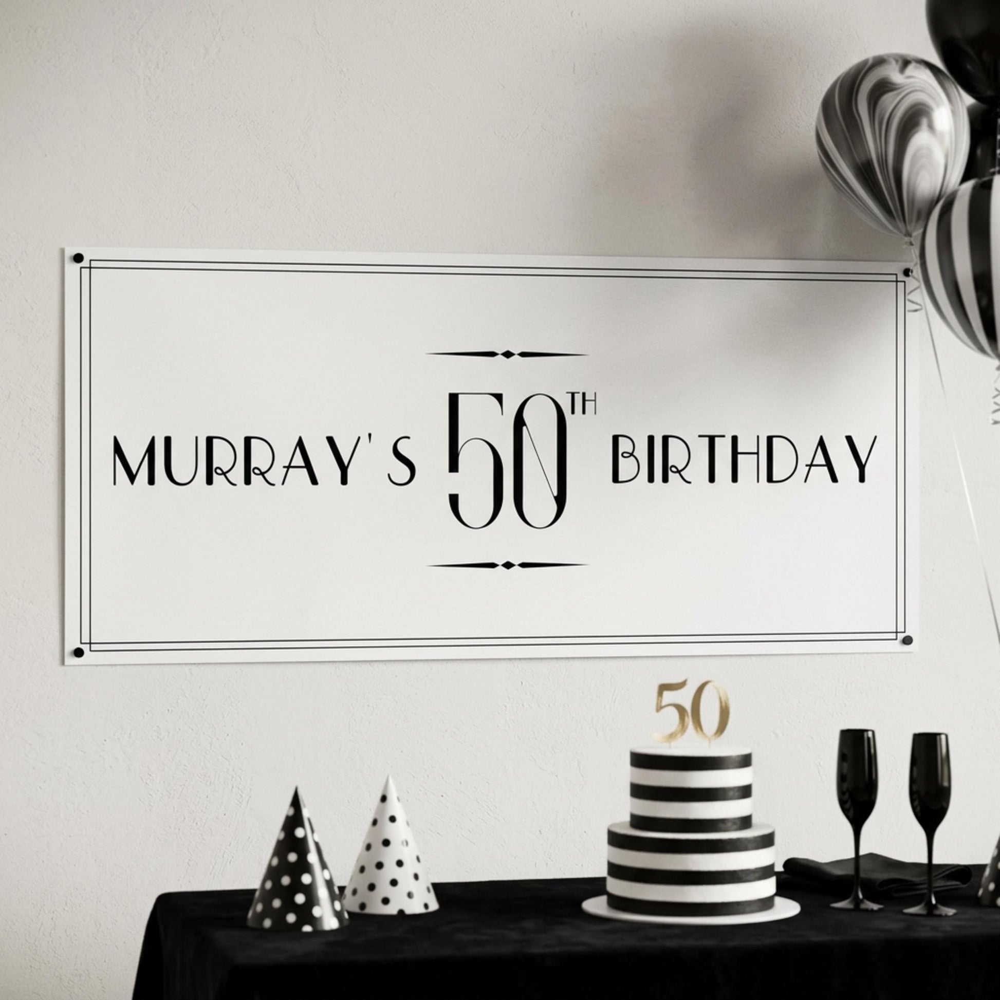 Personalised 50th Birthday Banner, Custom Name Art Deco Party Poster