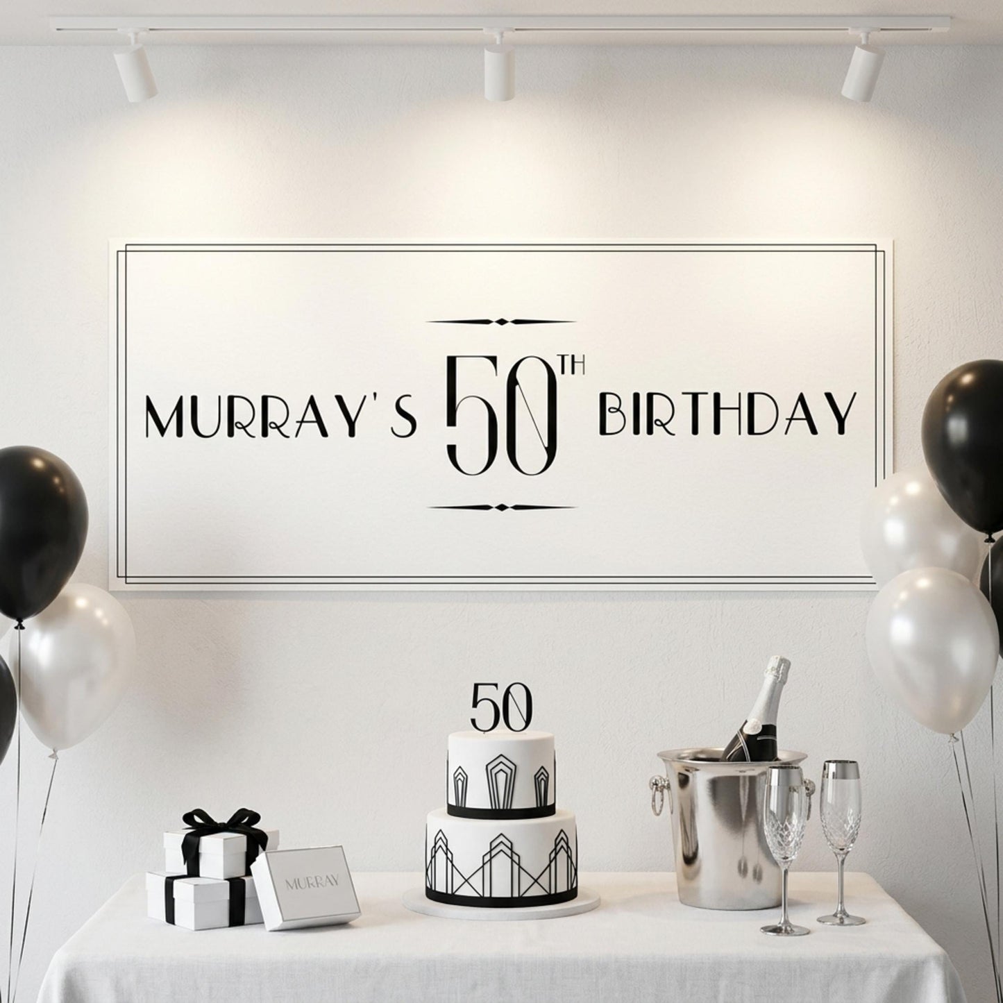 Personalised 50th Birthday Banner, Custom Name Art Deco Party Poster