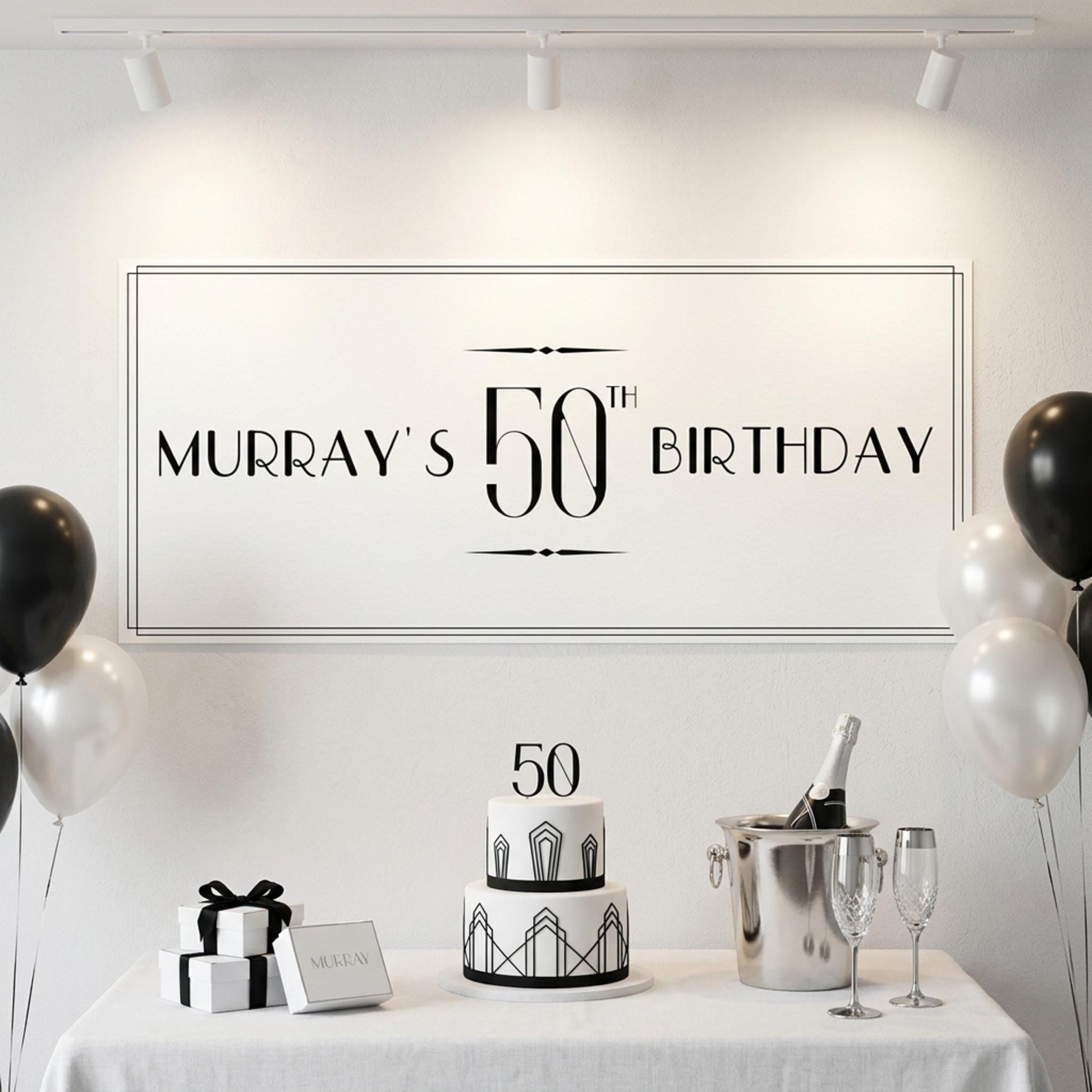 Personalised 50th Birthday Banner, Custom Name Art Deco Party Poster