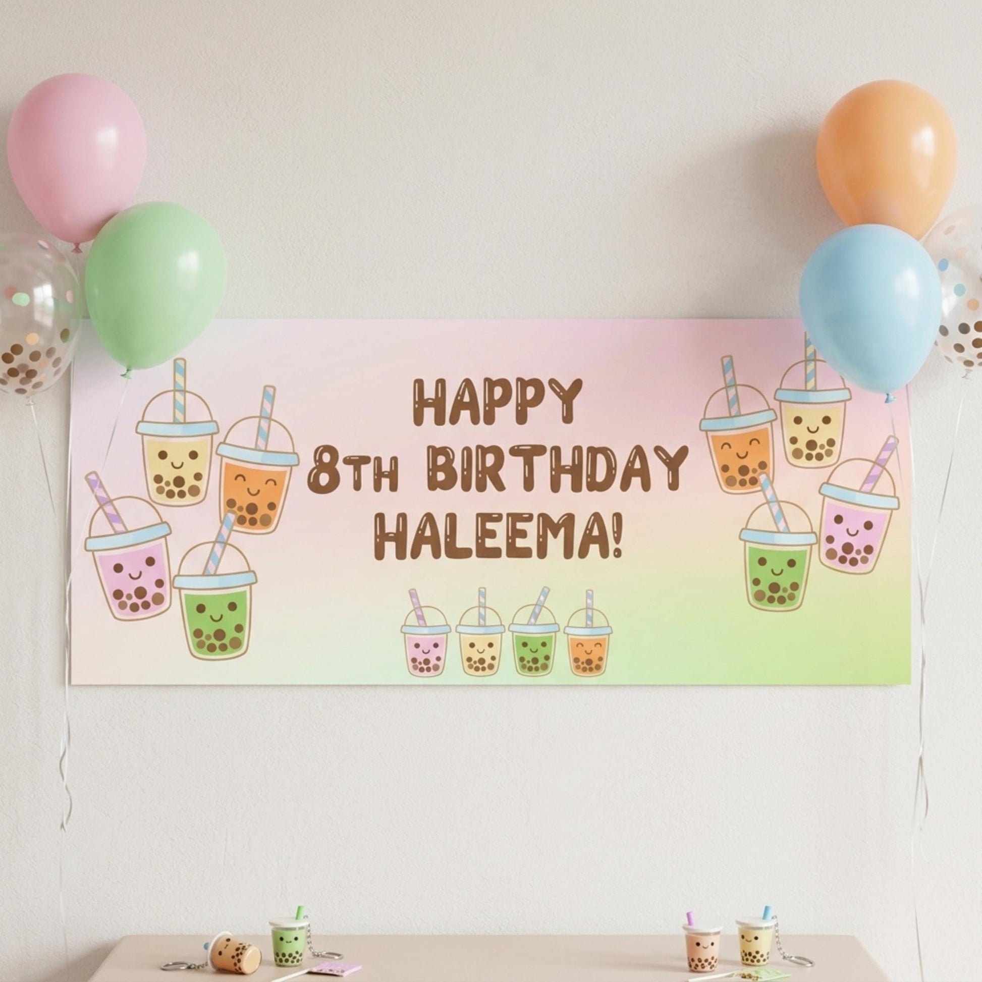 Personalised Bubble Tea Birthday Banner, Kawaii Boba Party Backdrop, Customisable Decor
