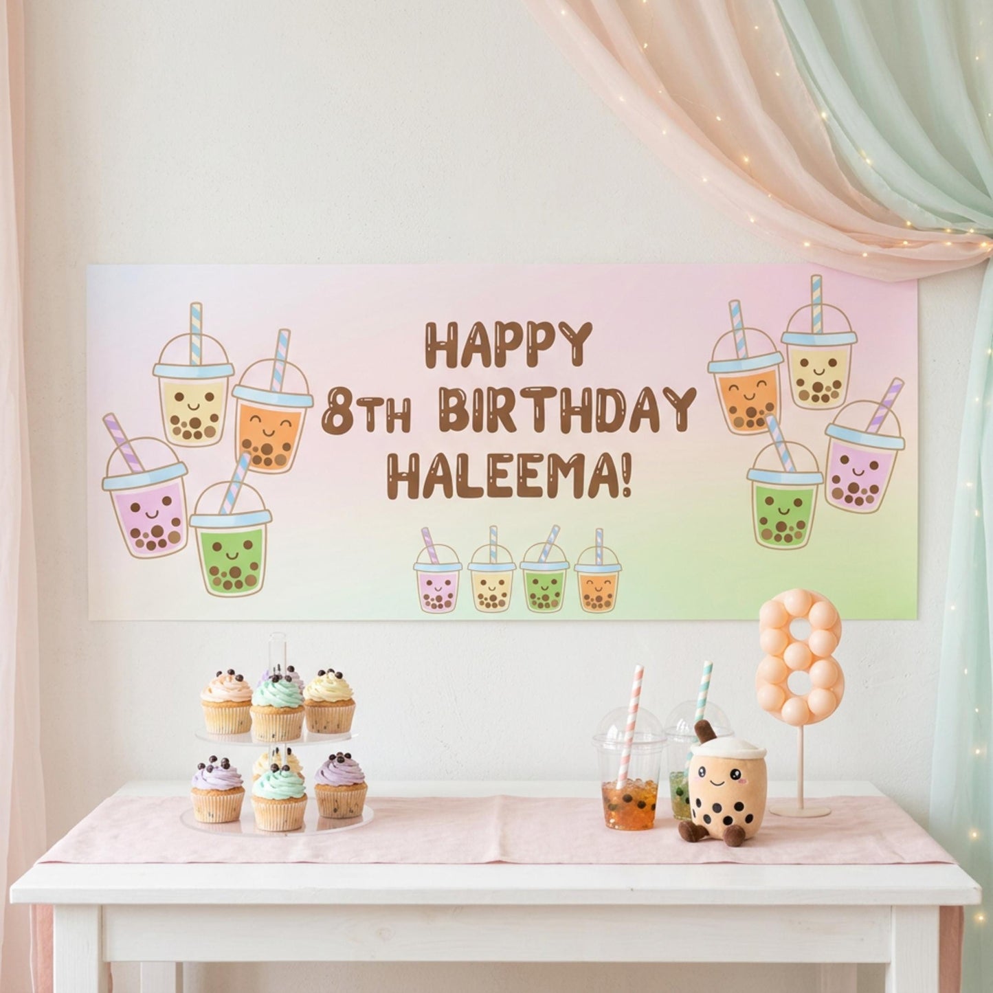 Personalised Bubble Tea Birthday Banner, Kawaii Boba Party Backdrop, Customisable Decor