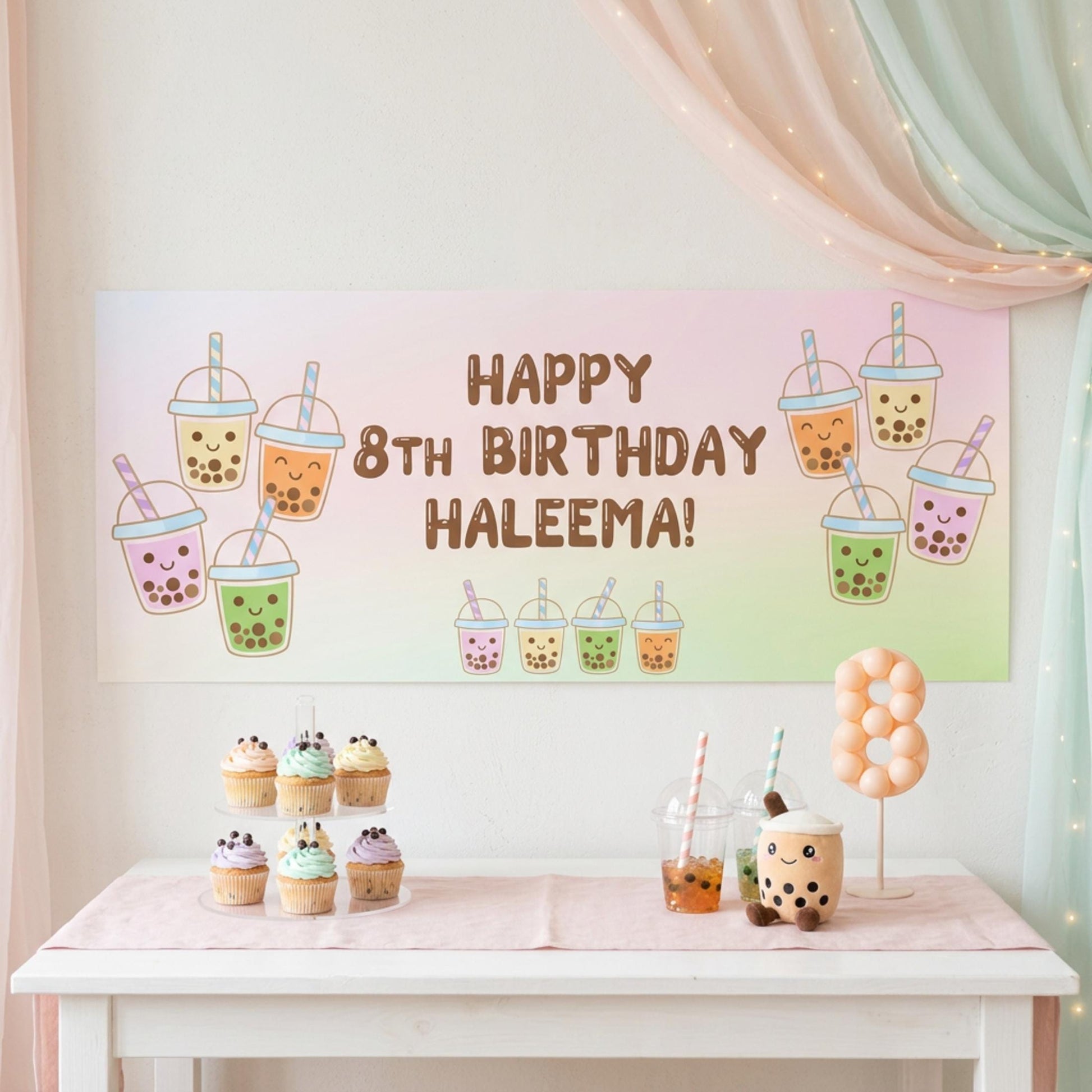 Personalised Bubble Tea Birthday Banner, Kawaii Boba Party Backdrop, Customisable Decor