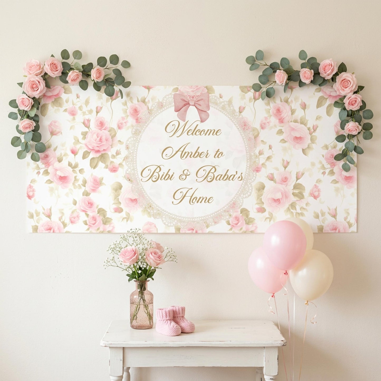 Personalised Floral Welcome Baby Girl Banner, Vintage Rose Nursery Poster