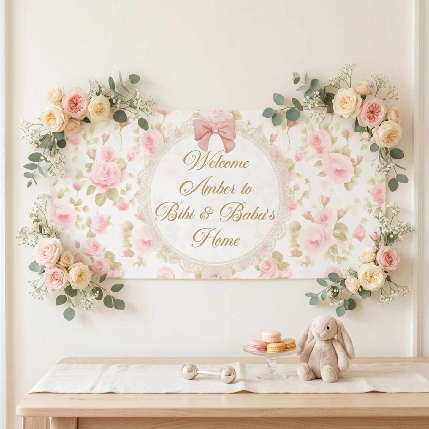 Personalised Floral Welcome Baby Girl Banner, Vintage Rose Nursery Poster