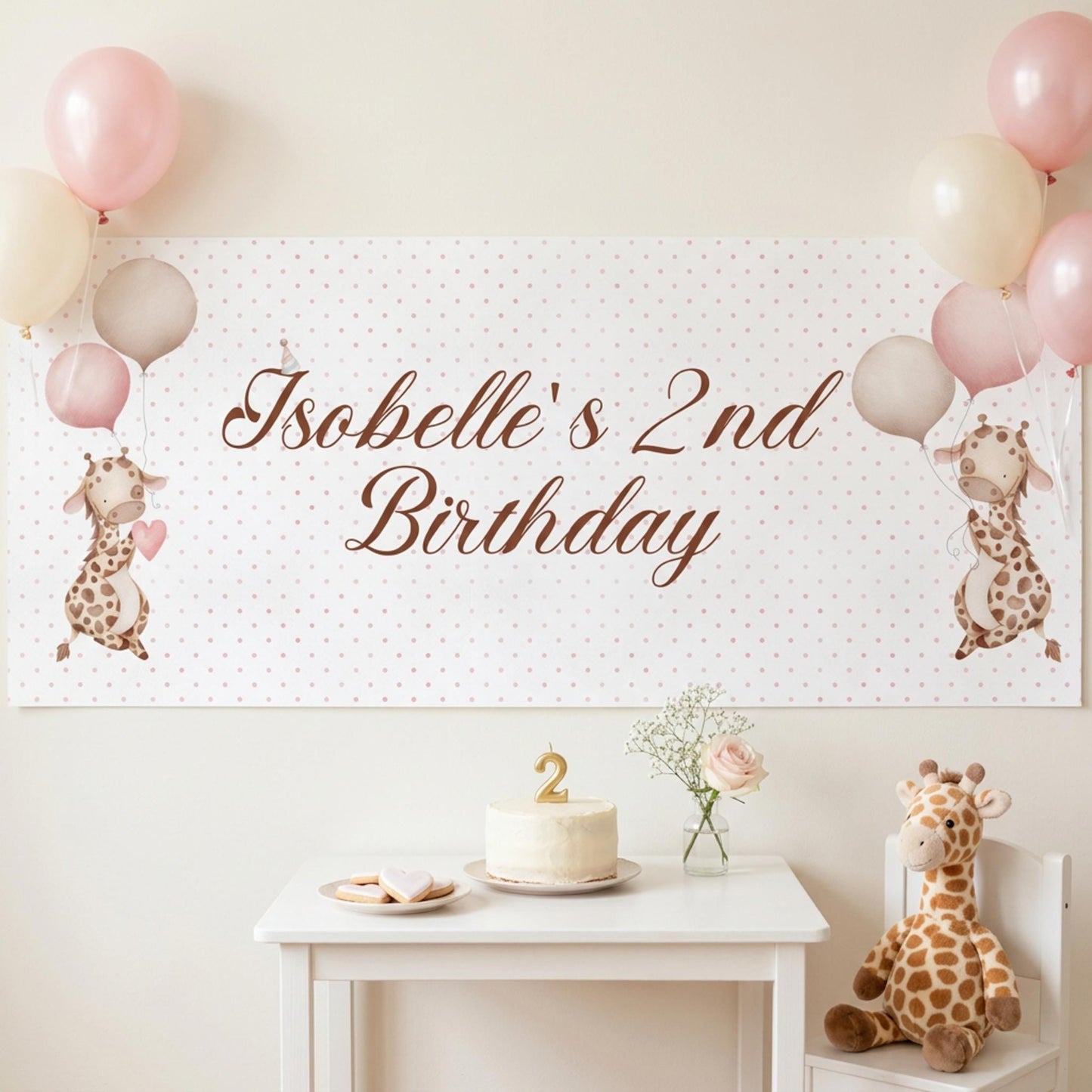Personalised Giraffe Birthday Banner, Safari Party Backdrop, Pink Polka Dot Wall Sign