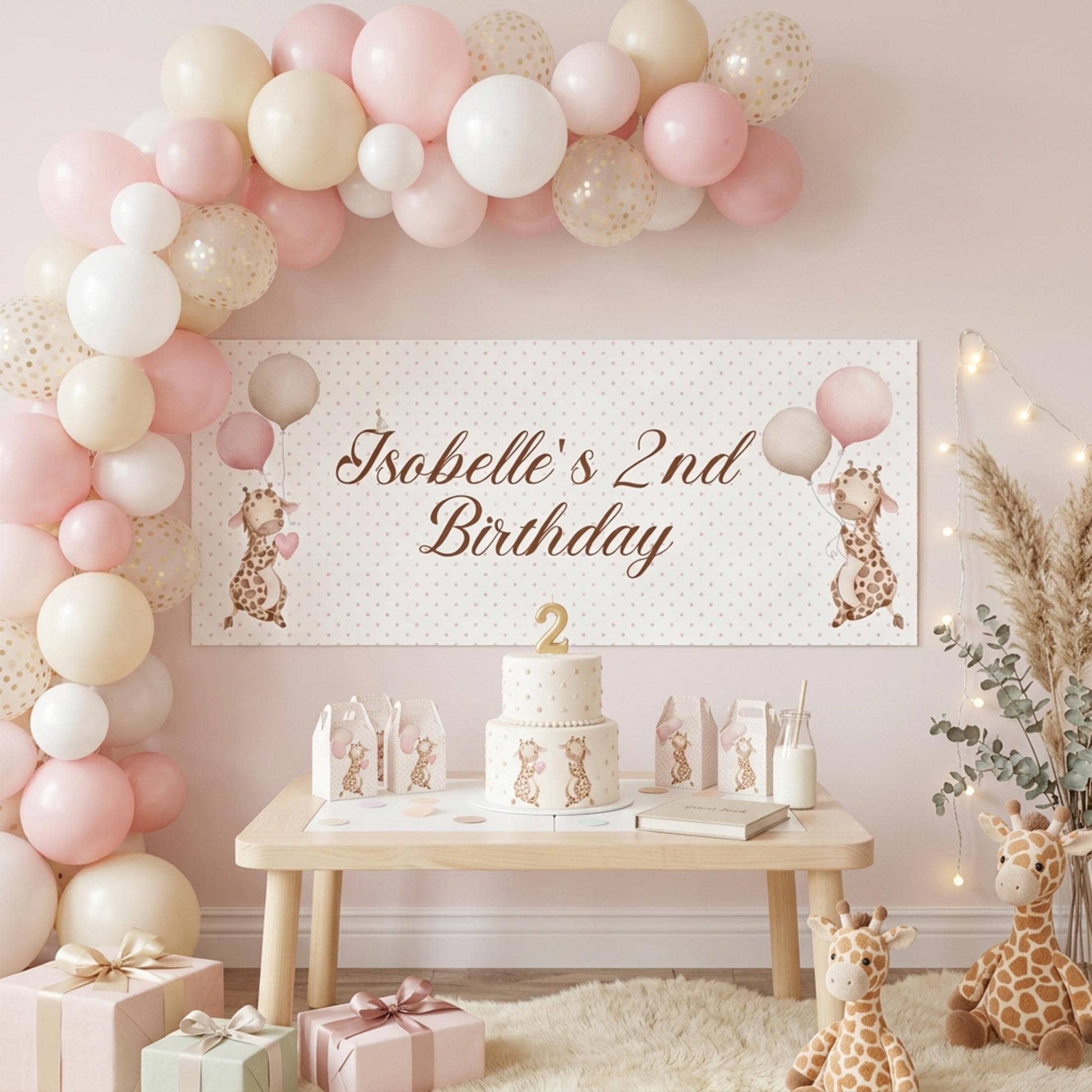 Personalised Giraffe Birthday Banner, Safari Party Backdrop, Pink Polka Dot Wall Sign