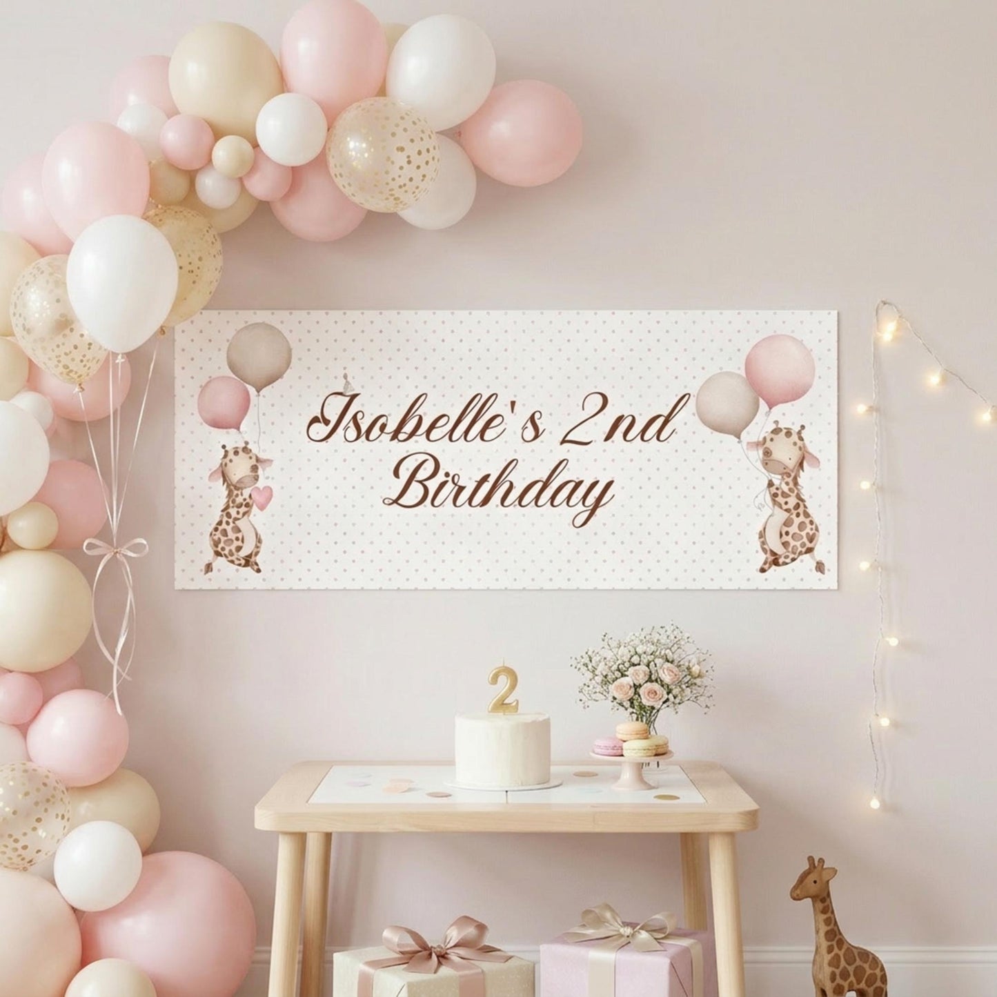 Personalised Giraffe Birthday Banner, Safari Party Backdrop, Pink Polka Dot Wall Sign