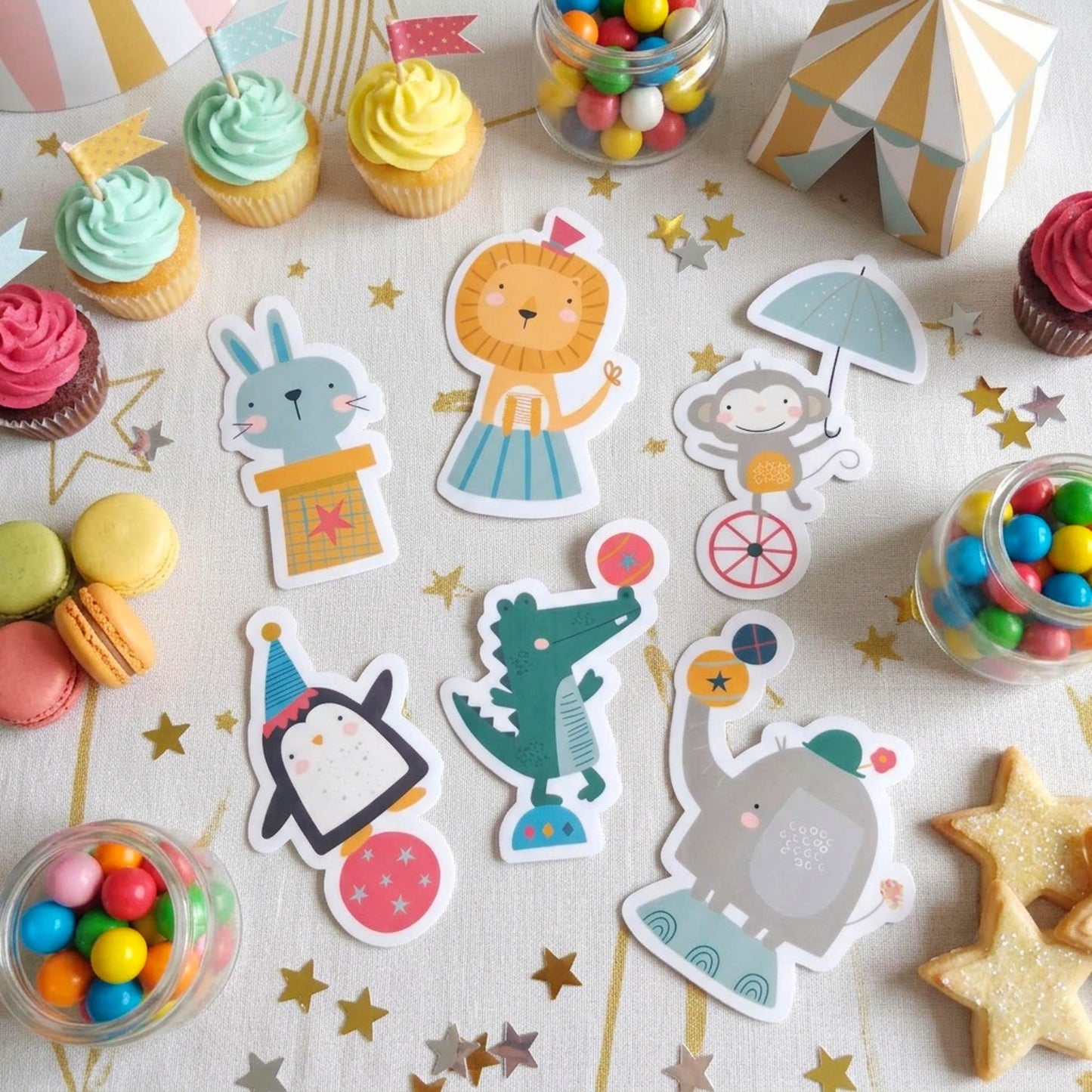 Personalised Circus Vinyl Stickers Party Bags, Custom Carnival Birthday Favours