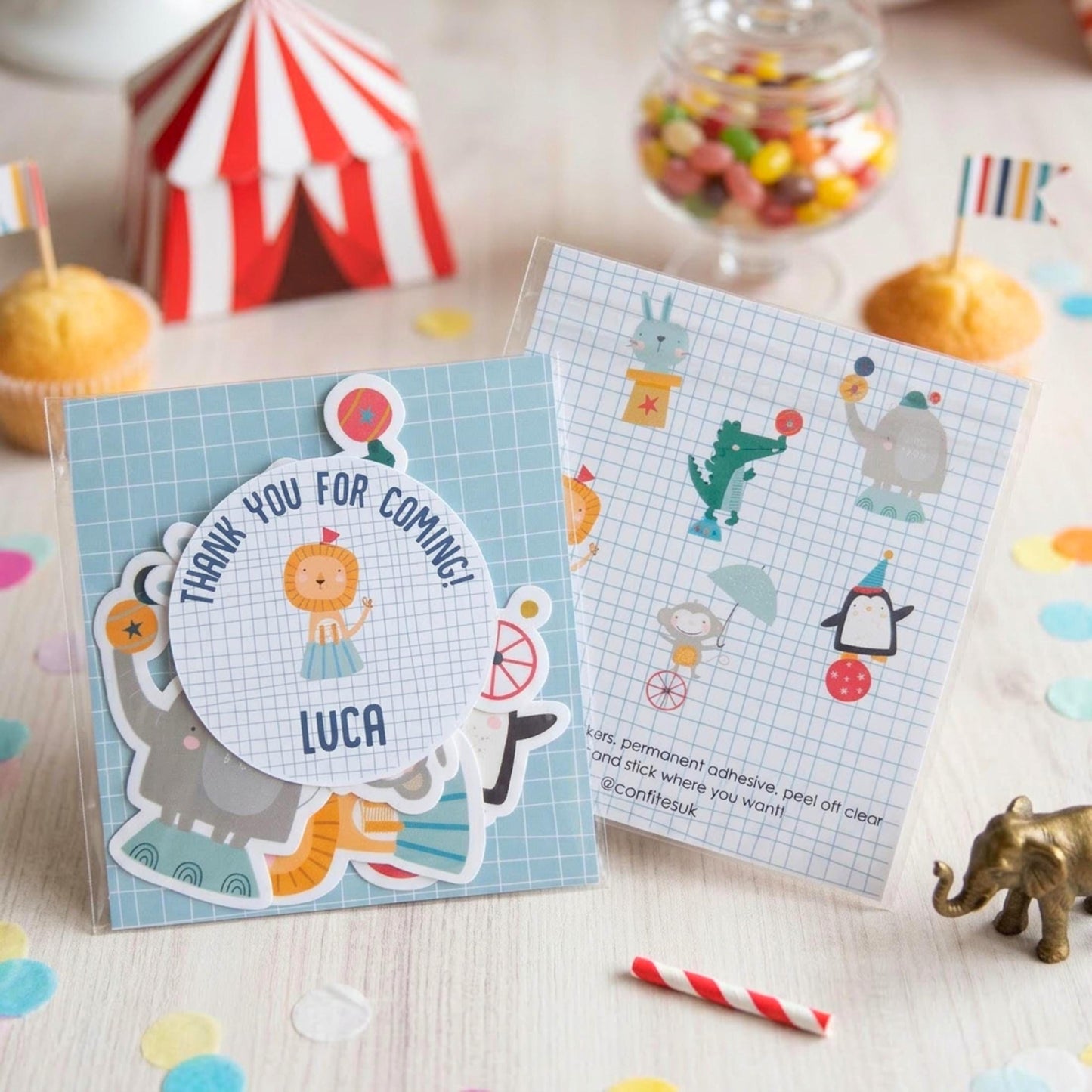 Personalised Circus Vinyl Stickers Party Bags, Custom Carnival Birthday Favours