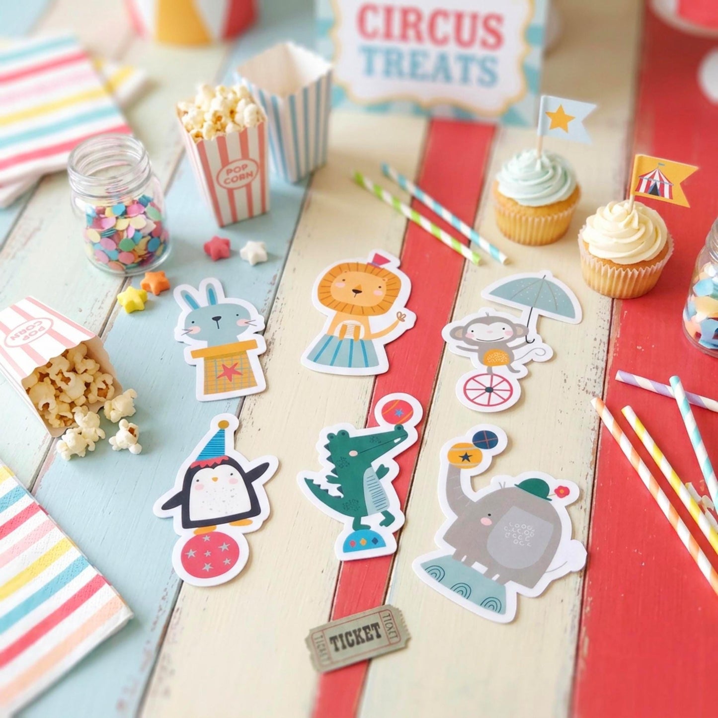 Personalised Circus Vinyl Stickers Party Bags, Custom Carnival Birthday Favours