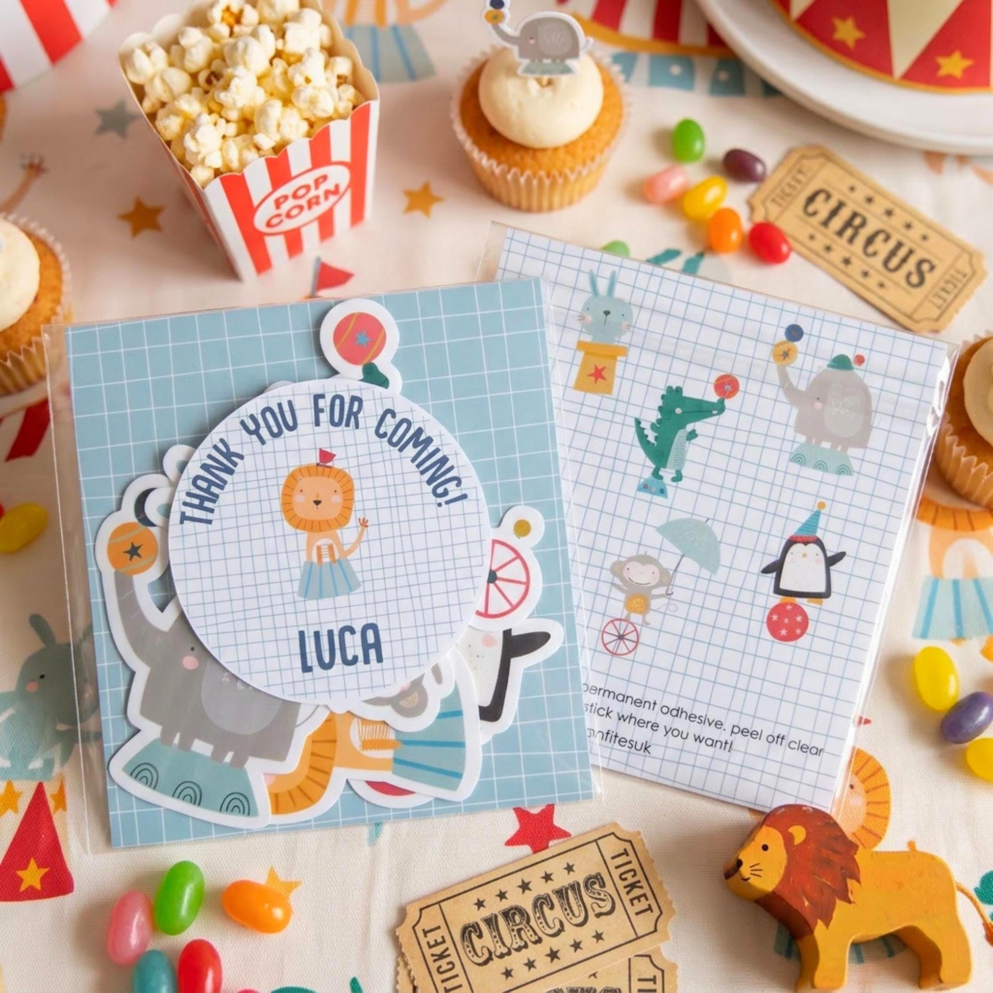 Personalised Circus Vinyl Stickers Party Bags, Custom Carnival Birthday Favours