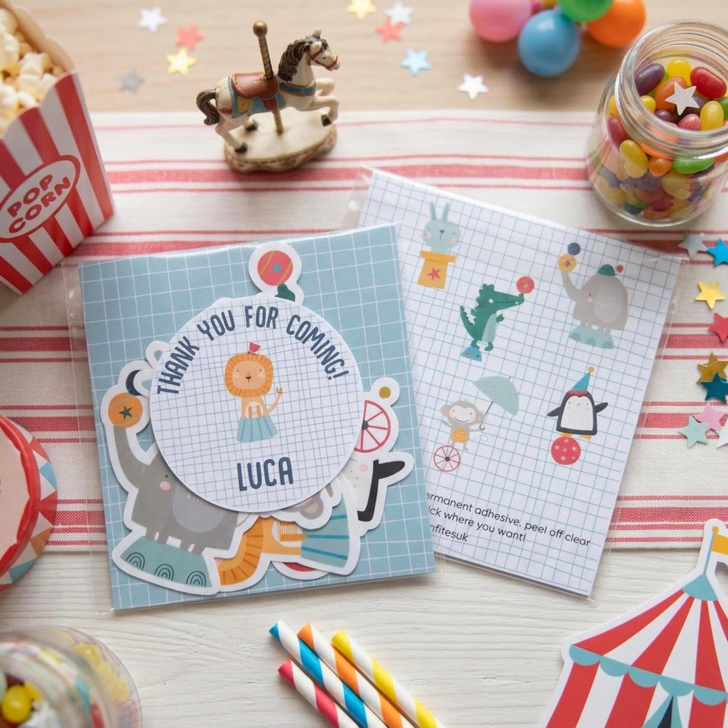Personalised Circus Vinyl Stickers Party Bags, Custom Carnival Birthday Favours