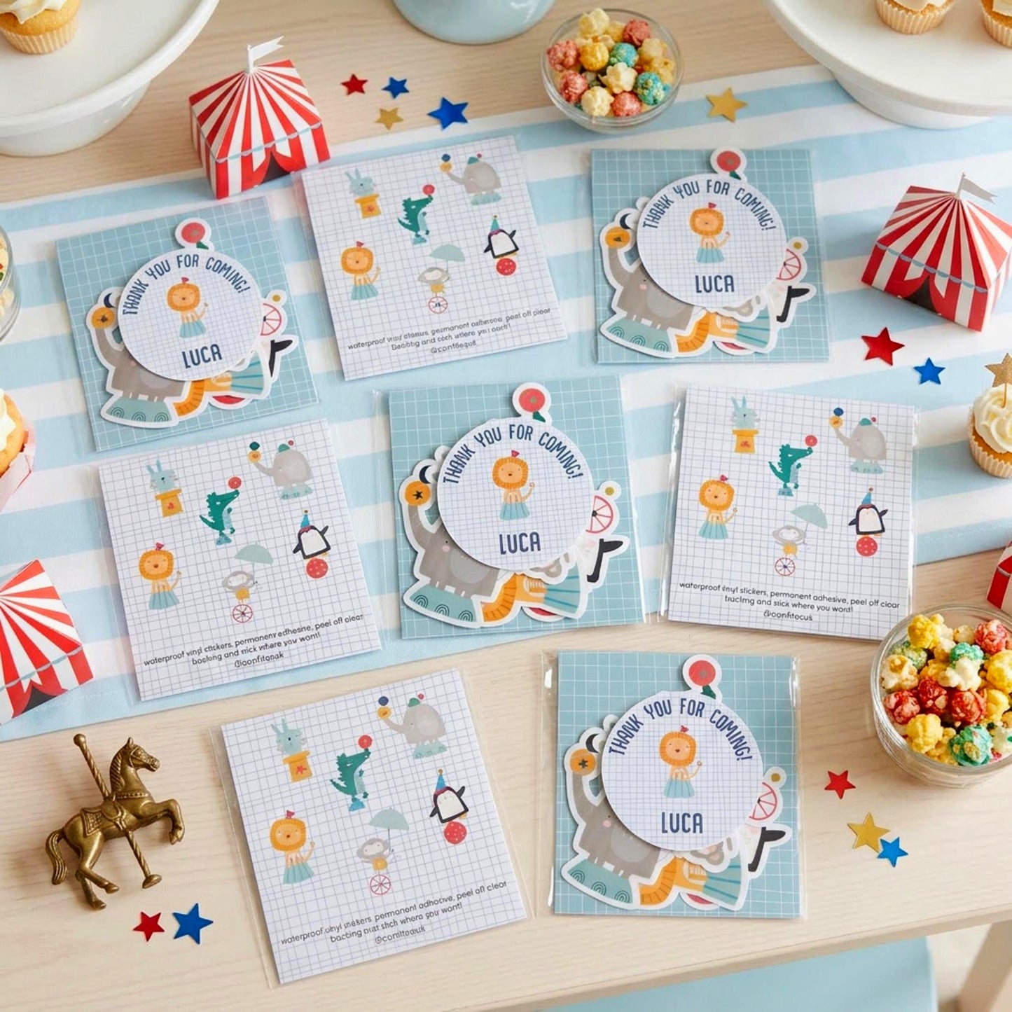 Personalised Circus Vinyl Stickers Party Bags, Custom Carnival Birthday Favours