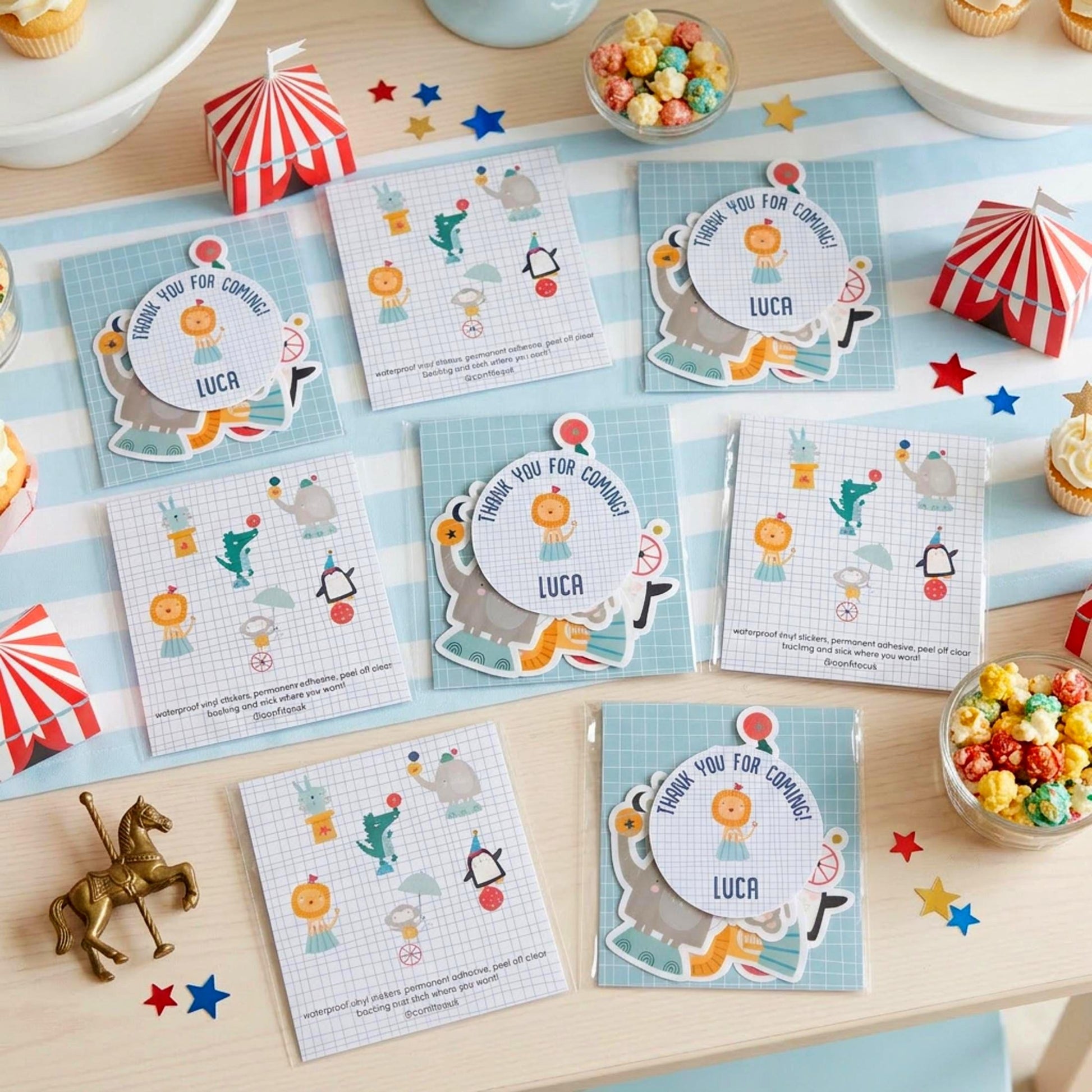 Personalised Circus Vinyl Stickers Party Bags, Custom Carnival Birthday Favours