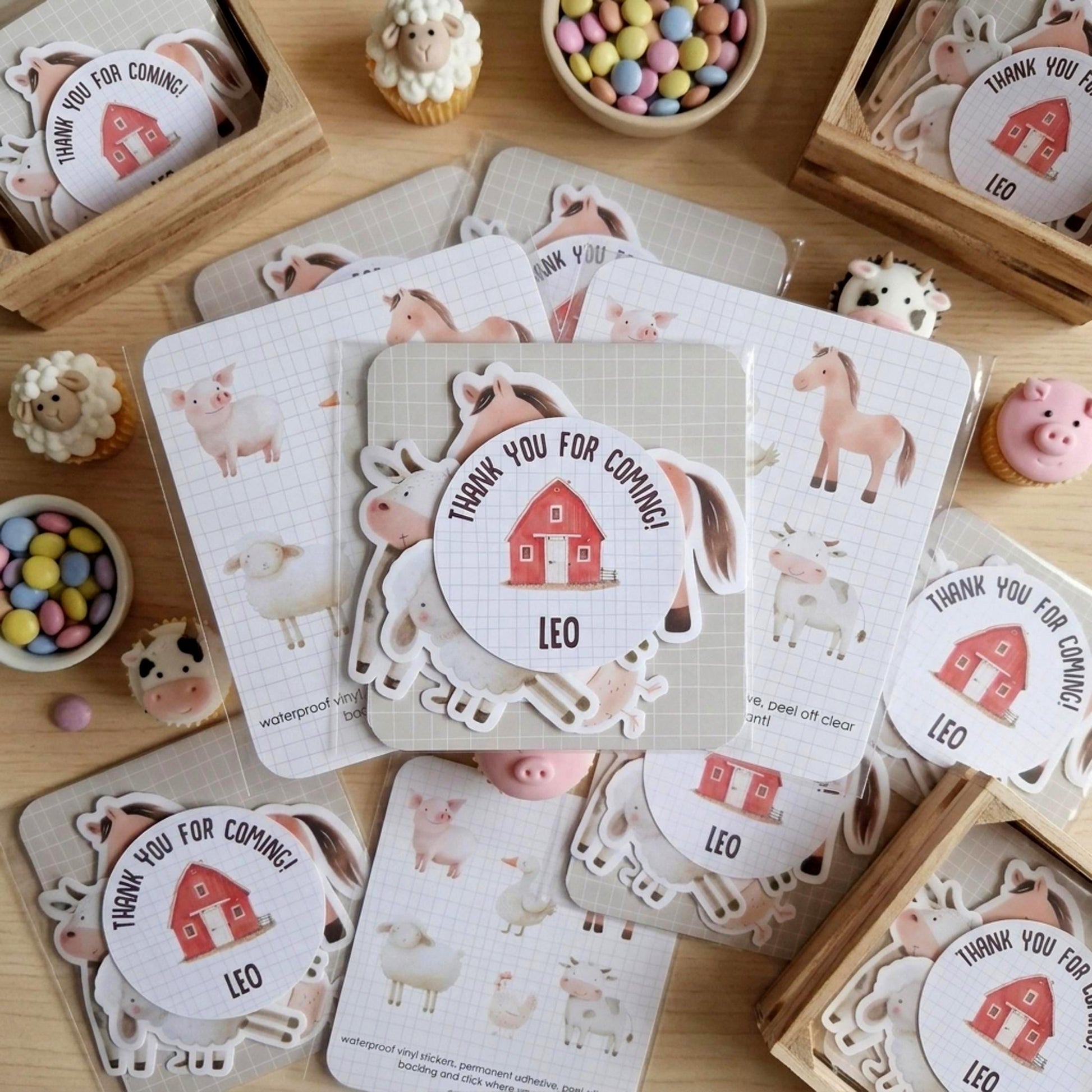 Personalised Farm Vinyl Stickers Party Bags, Custom Farmyard Birthday Favours