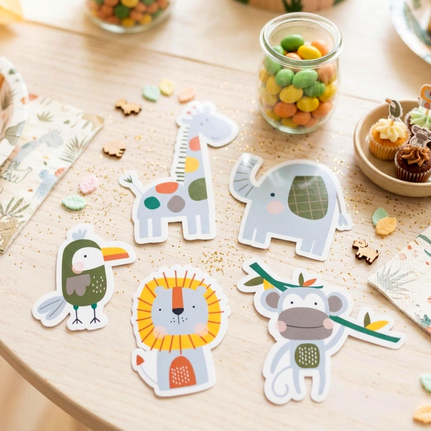 Personalised Safari Vinyl Stickers Party bags, Zoo Birthday Waterproof Decals