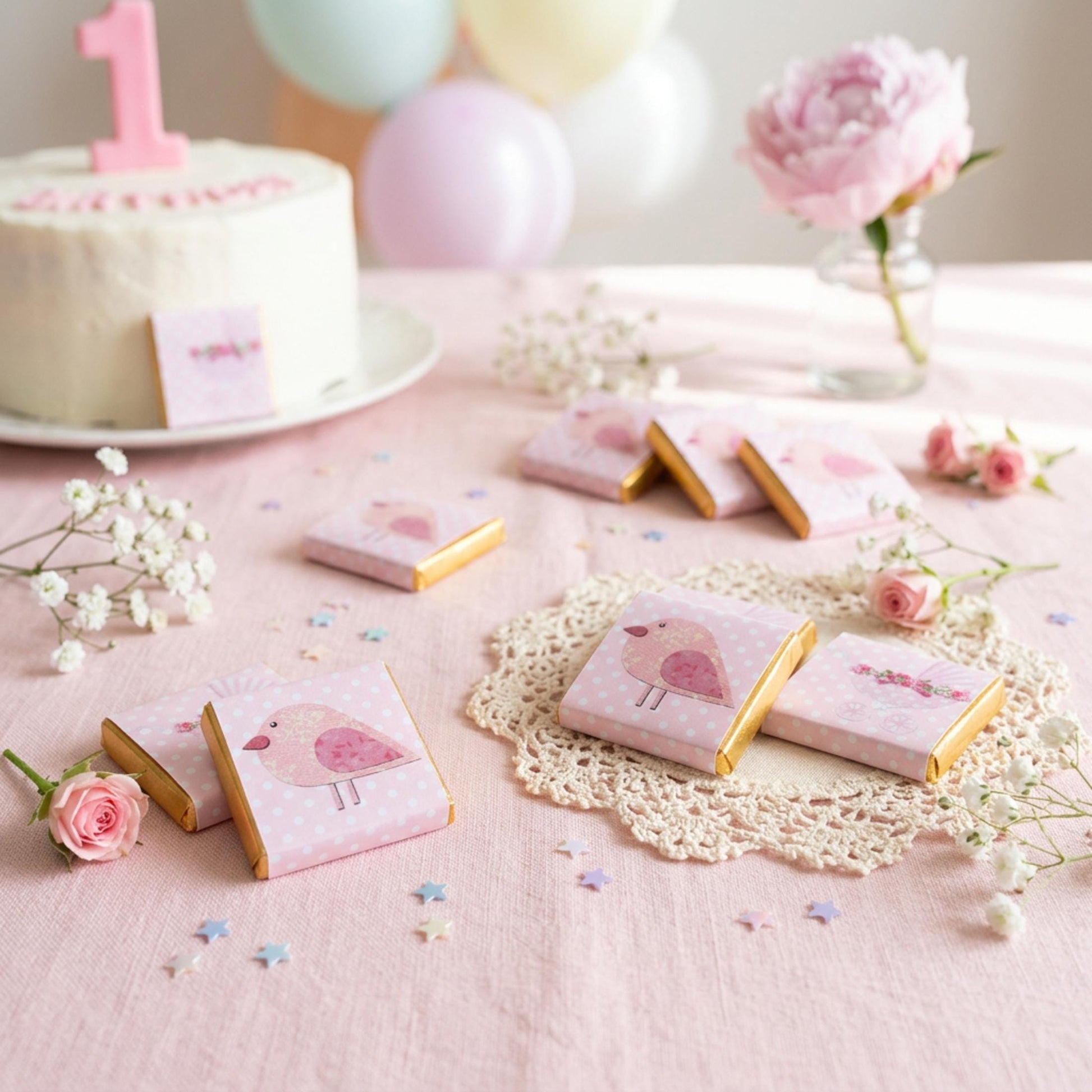 Personalised Baby Girl Chocolate Favours – Pink Bird Pram Sweets