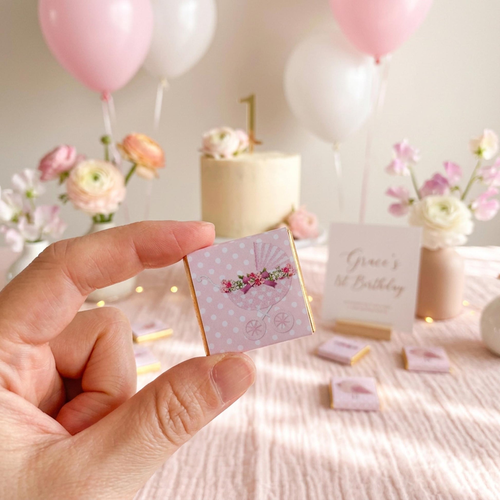 Personalised Baby Girl Chocolate Favours – Pink Bird Pram Sweets