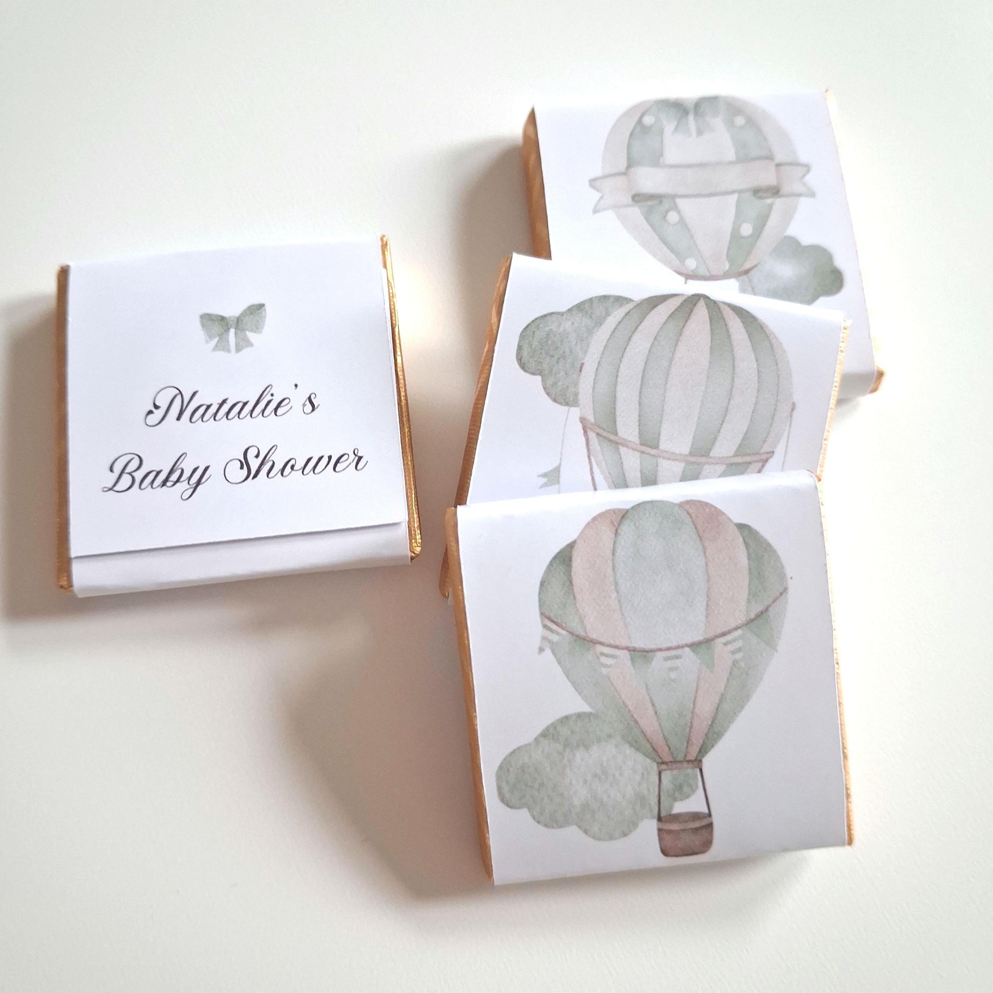 Personalised Pastel Sage Green Baby Shower Chocolate Favours – Hot Air Balloon Design