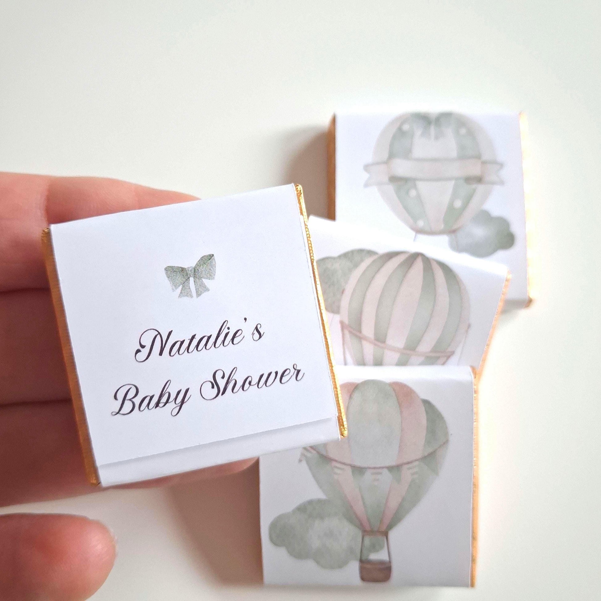 Personalised Pastel Sage Green Baby Shower Chocolate Favours – Hot Air Balloon Design