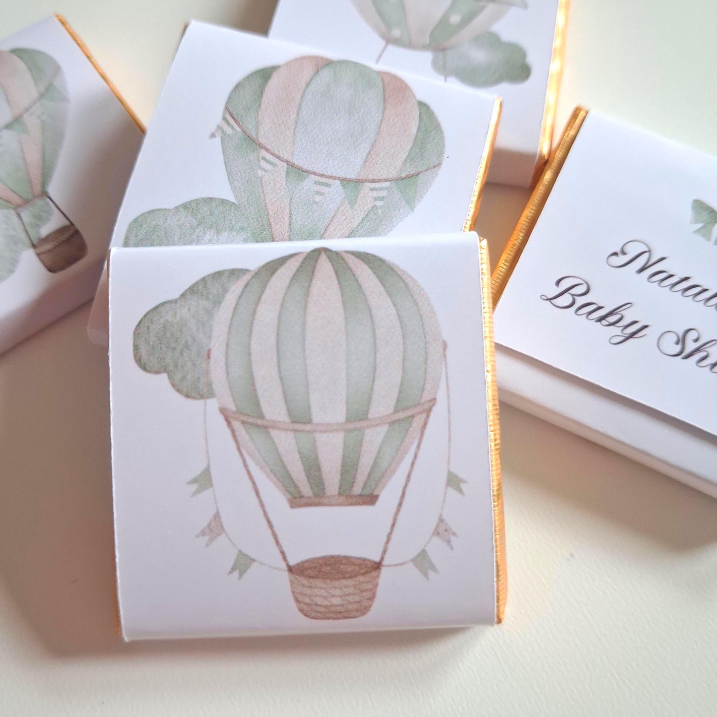 Personalised Pastel Sage Green Baby Shower Chocolate Favours – Hot Air Balloon Design