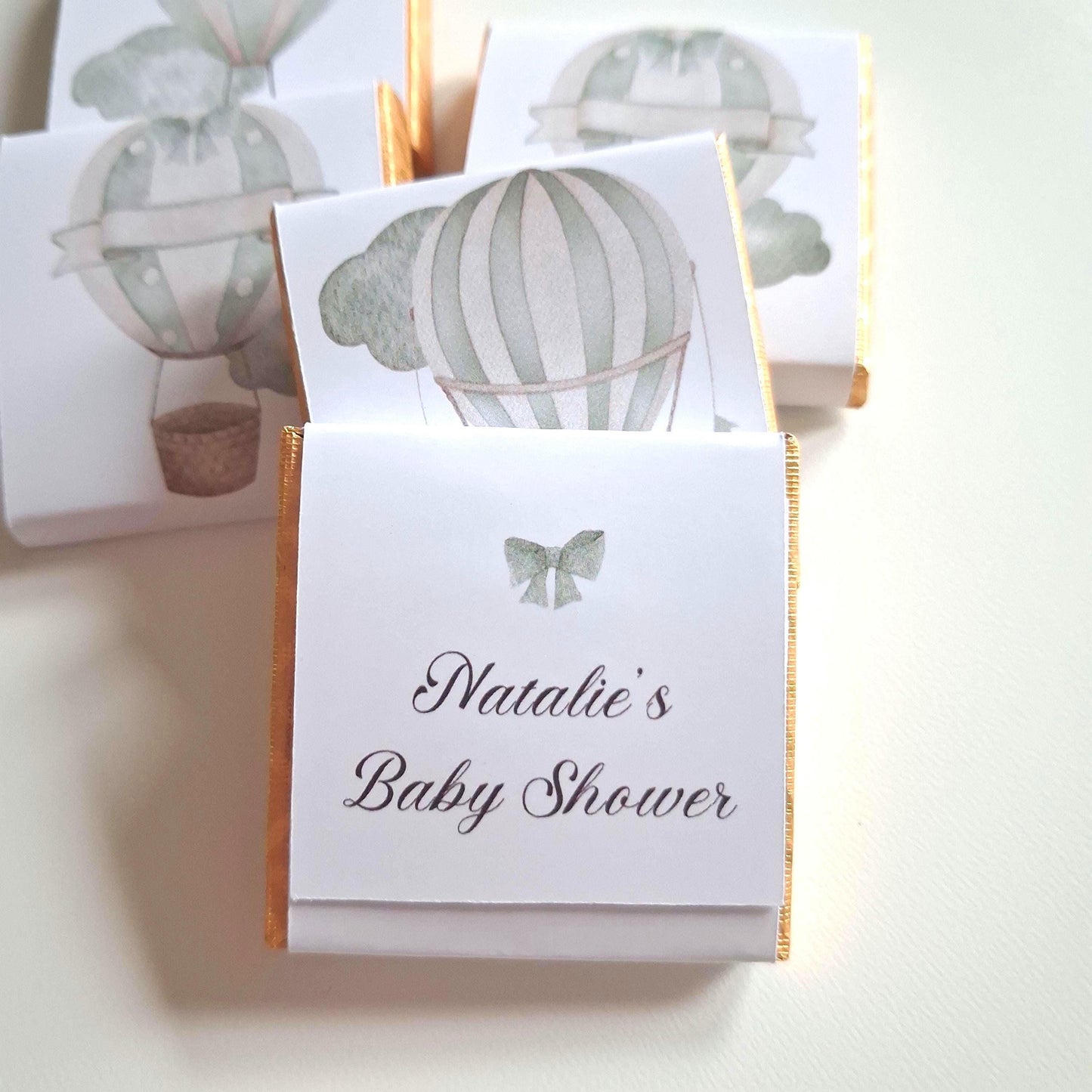 Personalised Pastel Sage Green Baby Shower Chocolate Favours – Hot Air Balloon Design