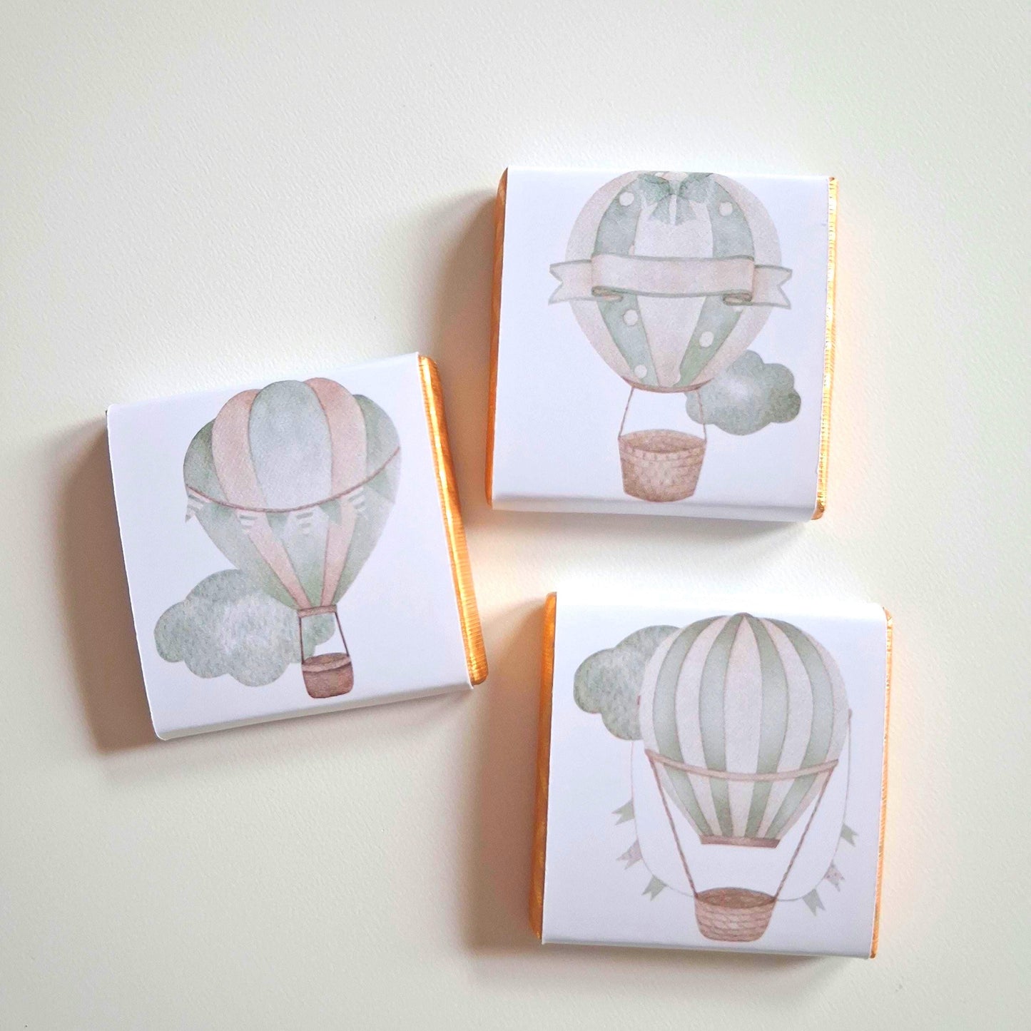 Personalised Pastel Sage Green Baby Shower Chocolate Favours – Hot Air Balloon Design