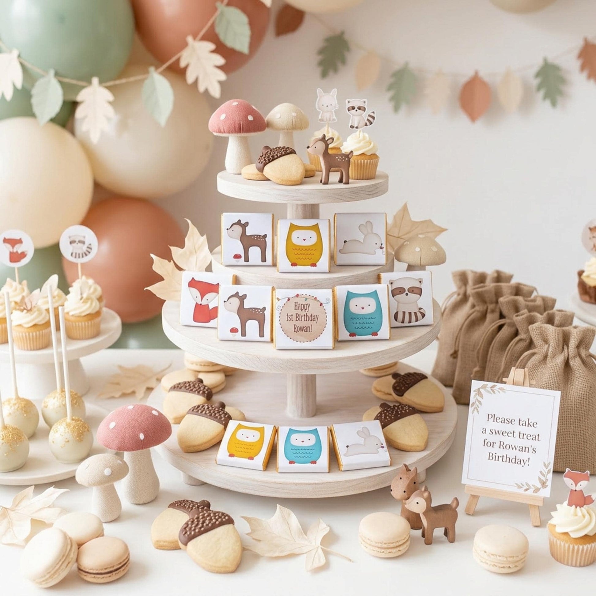 Personalised Woodland Chocolate Favours – Forest Animal Birthday Treats, Baby Shower Bag Fillers
