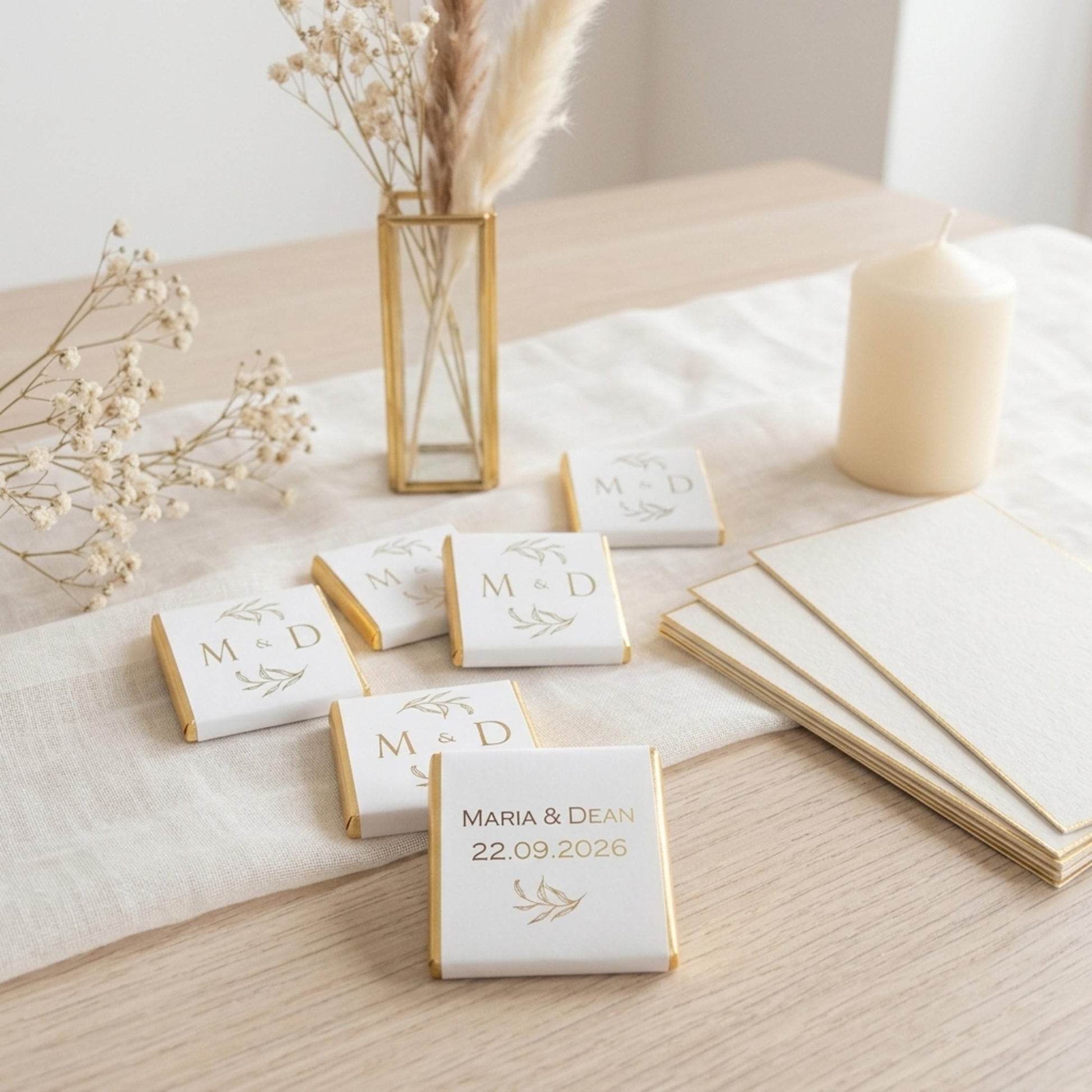 Personalised Wedding Favours, Golden Leaves Initials Chocolates, Gold Foiled Treats