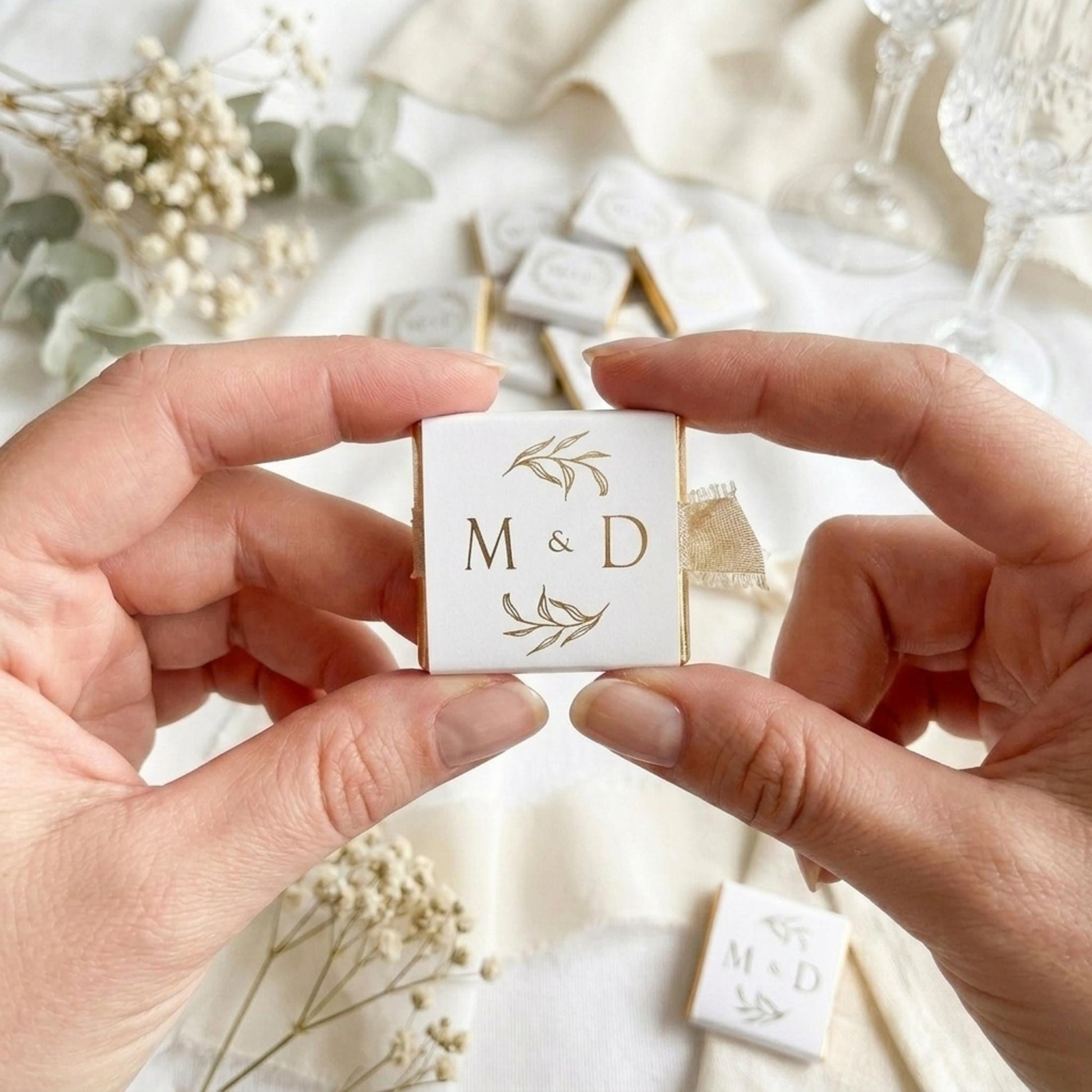Personalised Wedding Favours, Golden Leaves Initials Chocolates, Gold Foiled Treats