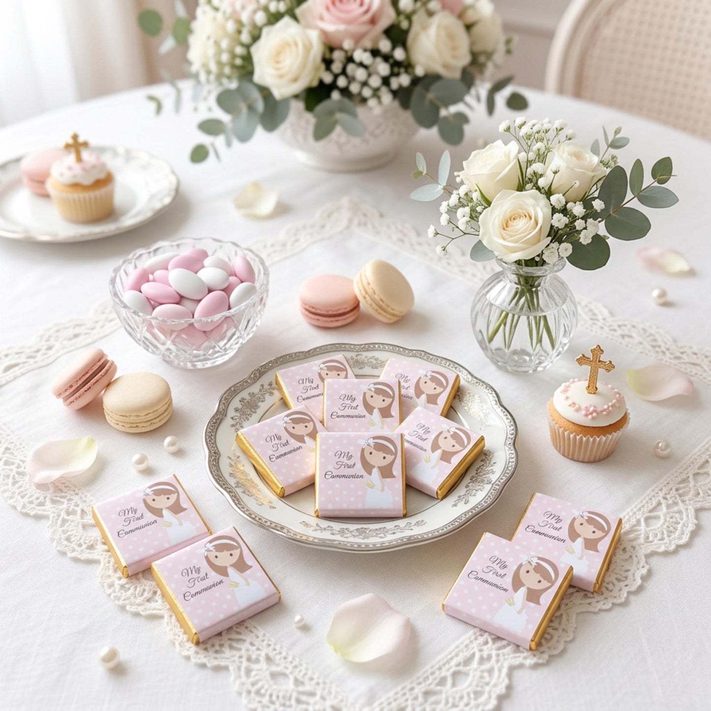 Personalised 1st Holy Communion Favours - Girls Pink Floral Chocolate Treats - Religious Party Bag Filler