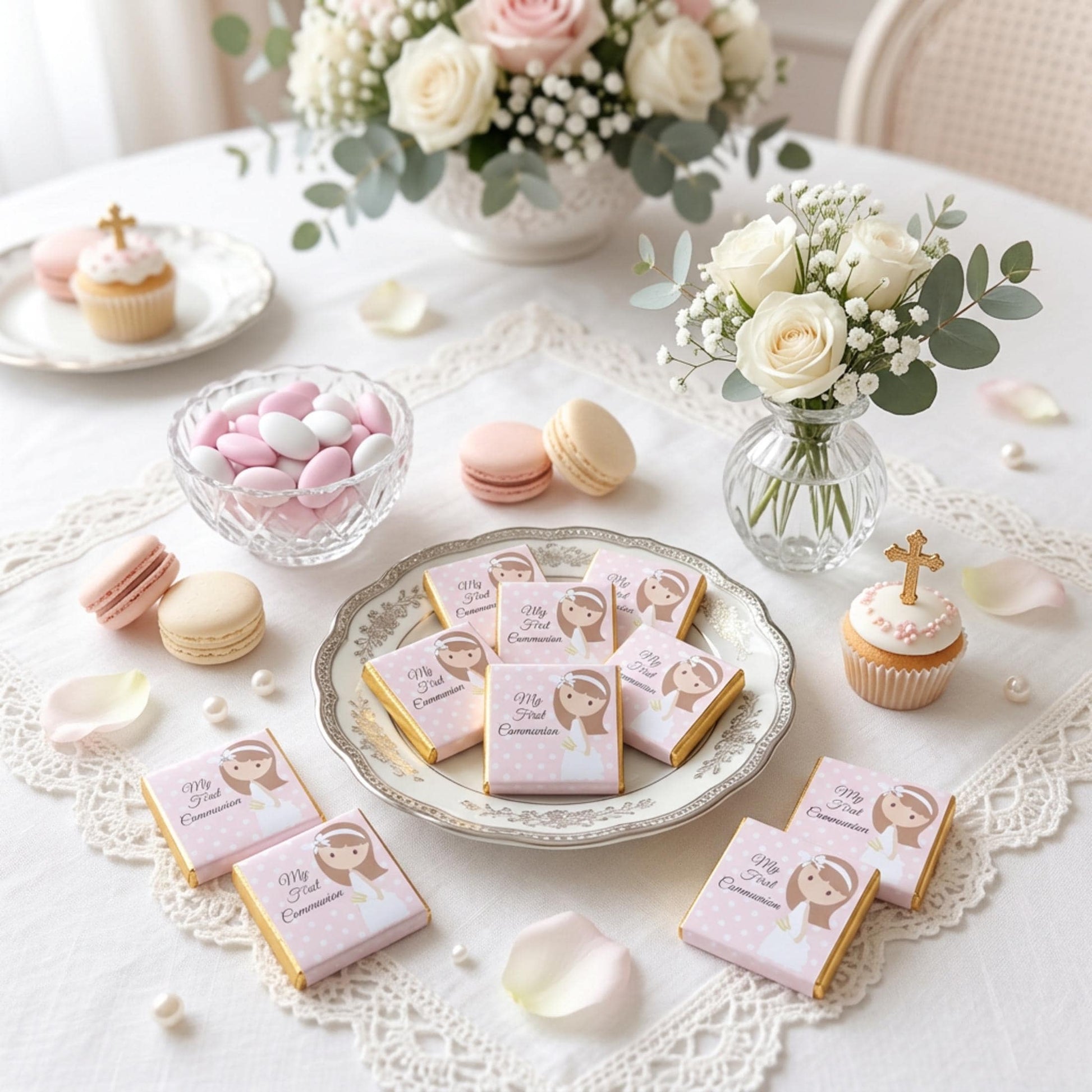 Personalised 1st Holy Communion Favours - Girls Pink Floral Chocolate Treats - Religious Party Bag Filler