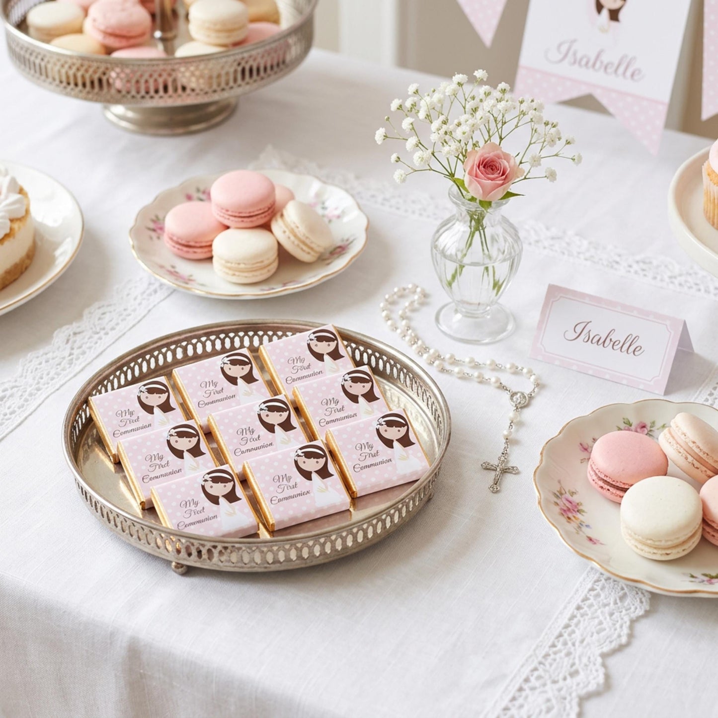 Personalised 1st Holy Communion Favours - Girls Pink Floral Chocolate Treats - Religious Party Bag Filler