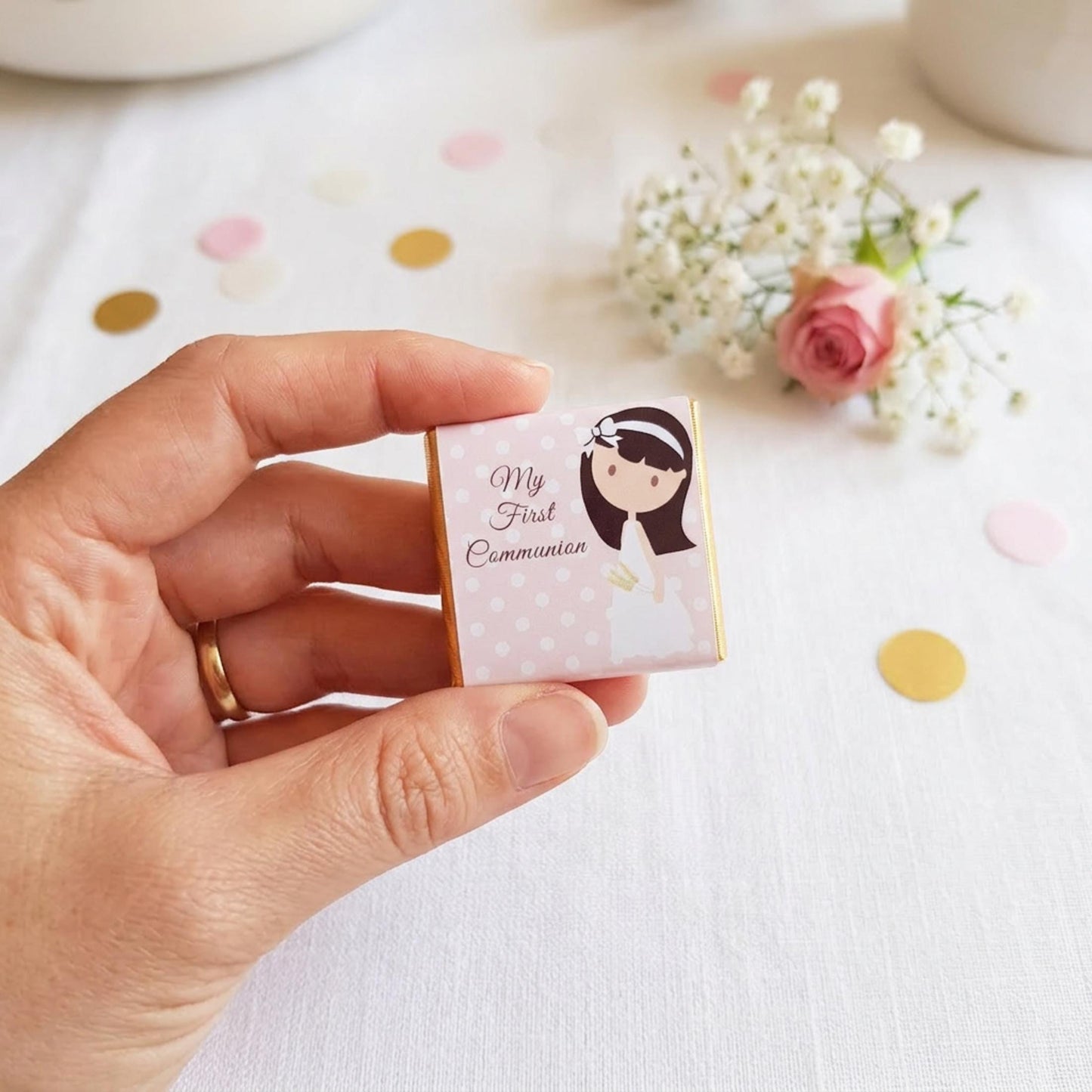 Personalised 1st Holy Communion Favours - Girls Pink Floral Chocolate Treats - Religious Party Bag Filler