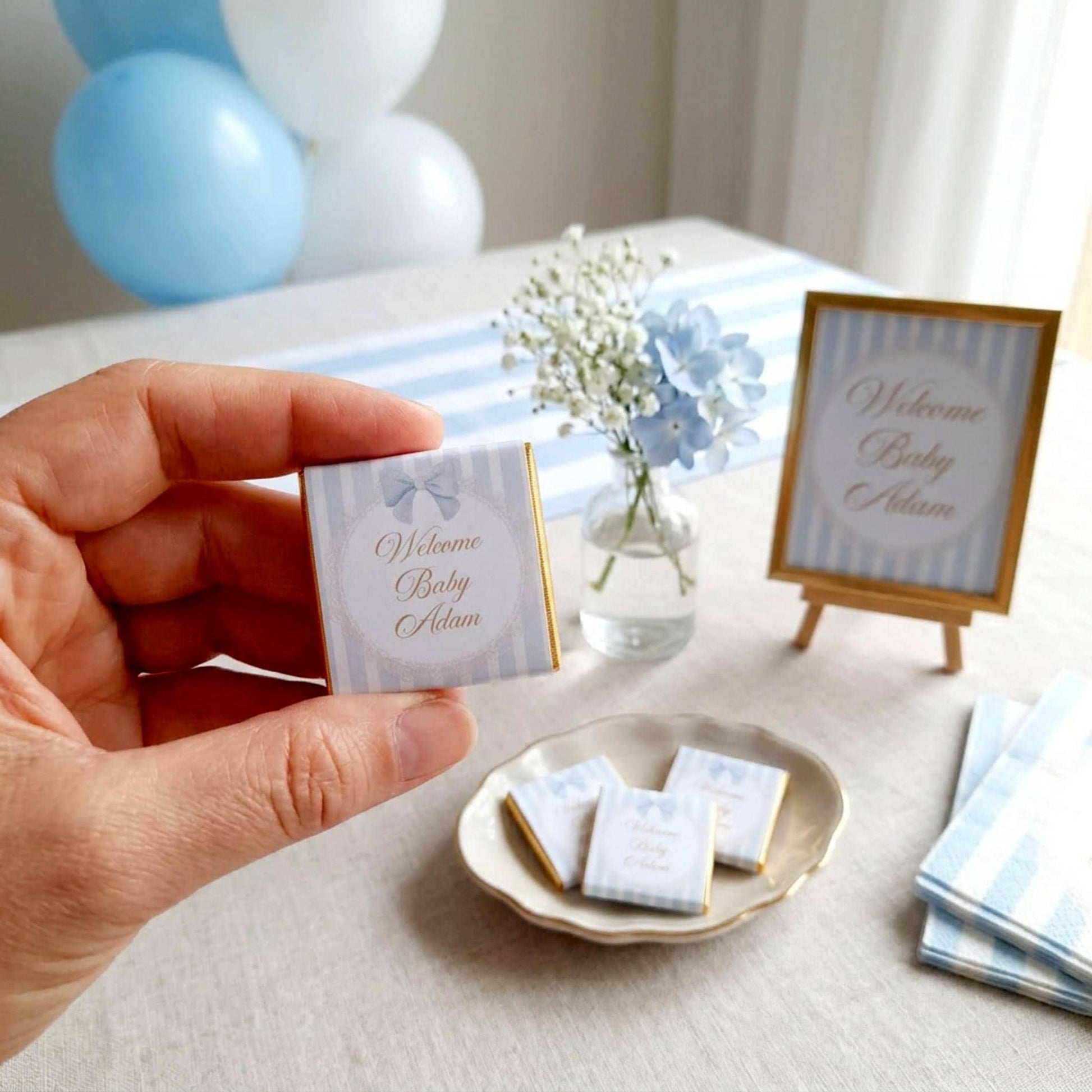 Personalised Baby Boy Chocolate Favours – Blue Stripe New Arrival Treats