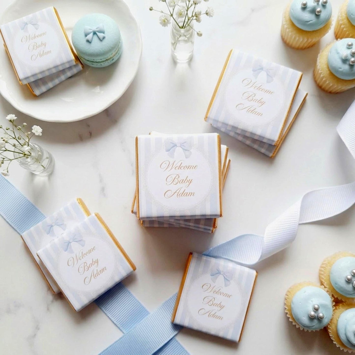 Personalised Baby Boy Chocolate Favours – Blue Stripe New Arrival Treats