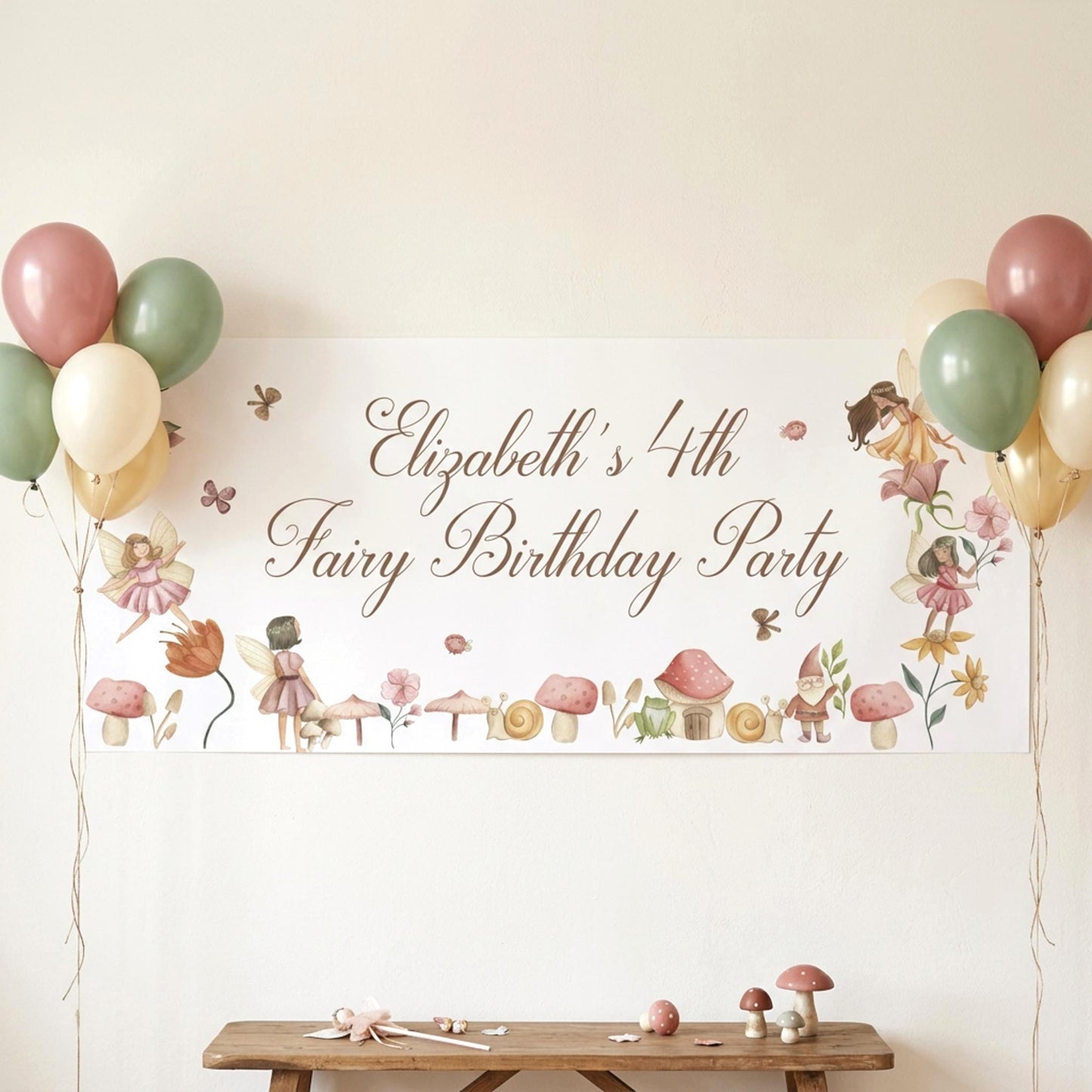 Personalised Fairy Woodland Birthday Banner, Custom Girls Party Backdrop, Matte Paper Print