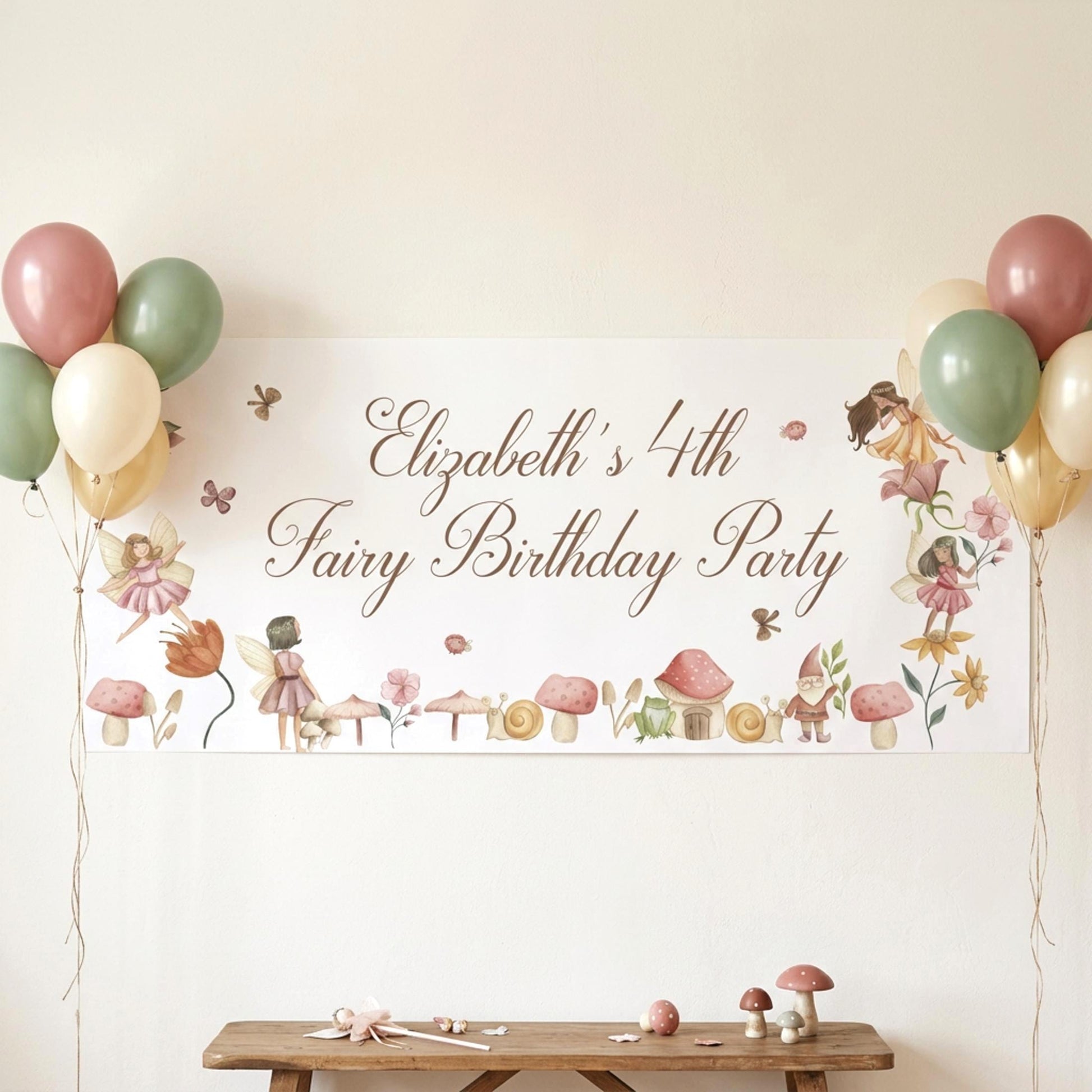 Personalised Fairy Woodland Birthday Banner, Custom Girls Party Backdrop, Matte Paper Print