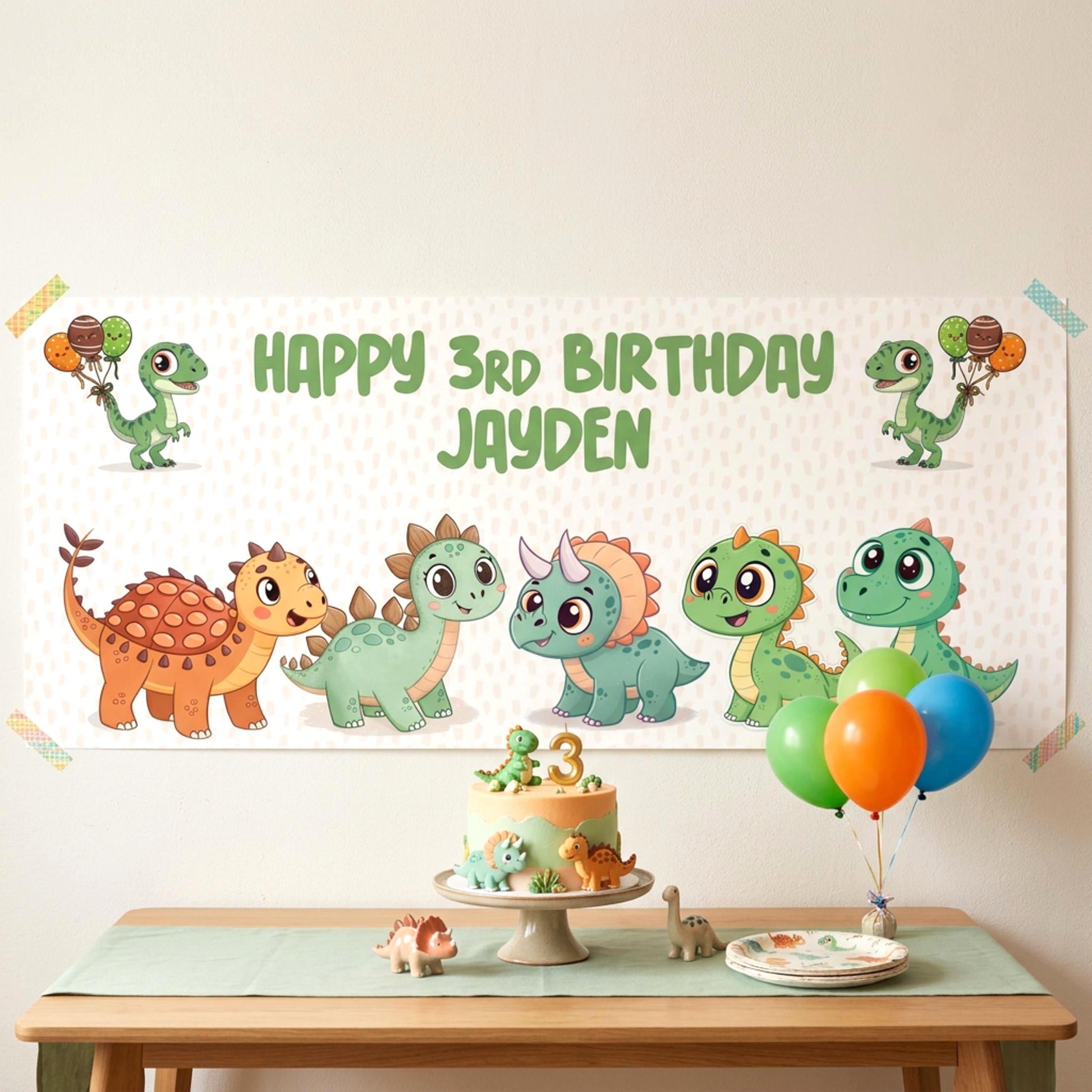 Personalised Dinosaur Birthday Banner, Custom Dino Cake Table Backdrop