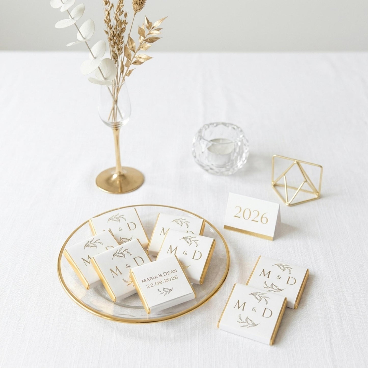 Personalised Wedding Favours, Golden Leaves Initials Chocolates, Gold Foiled Treats