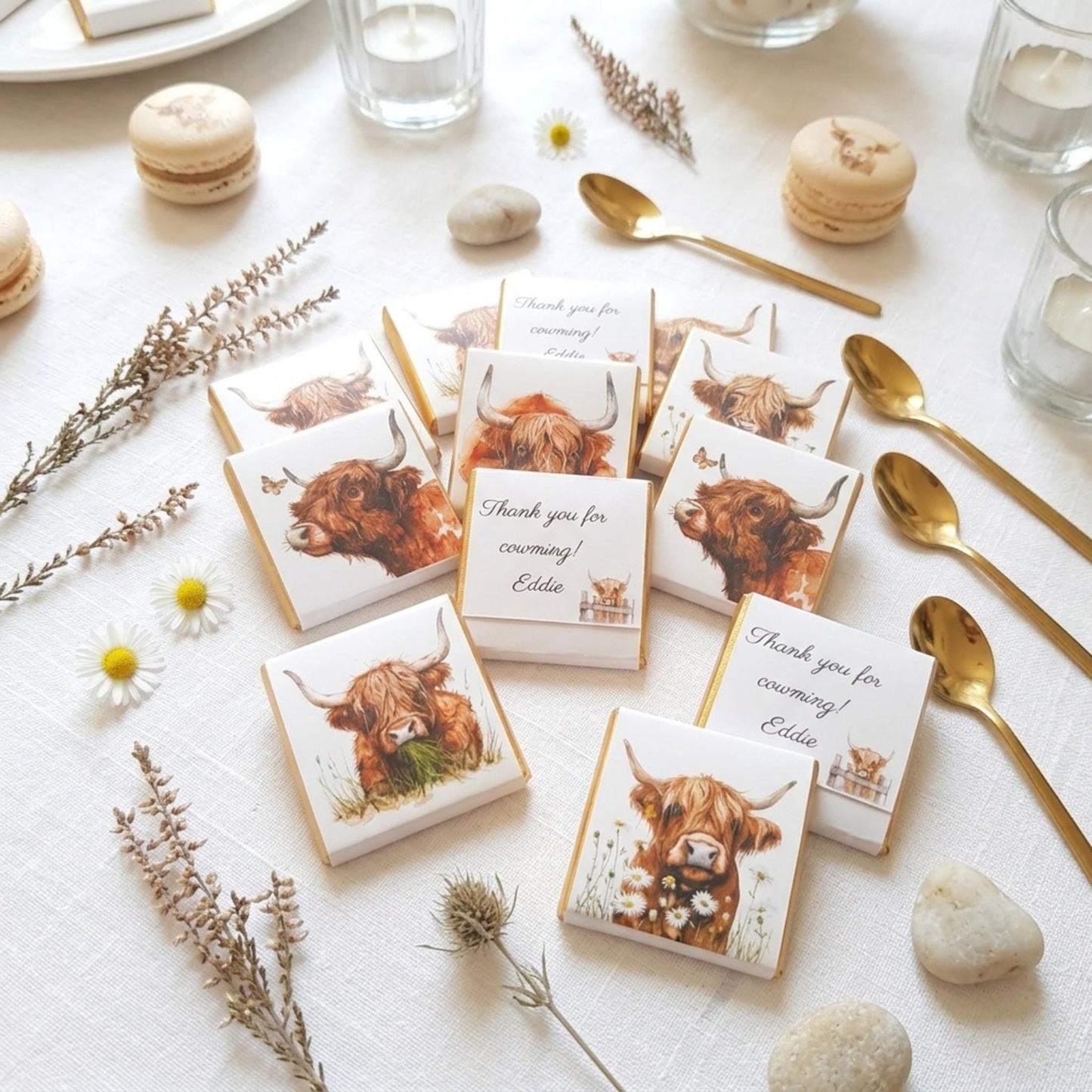 Personalised Highland Cow Wedding Favours - Scottish Coo Chocolate Treats - Custom Birthday Party Favours
