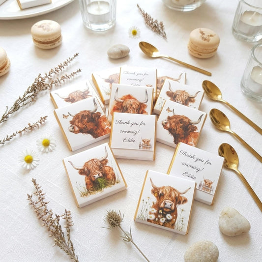 Personalised Highland Cow Wedding Favours - Scottish Coo Chocolate Treats - Custom Birthday Party Favours