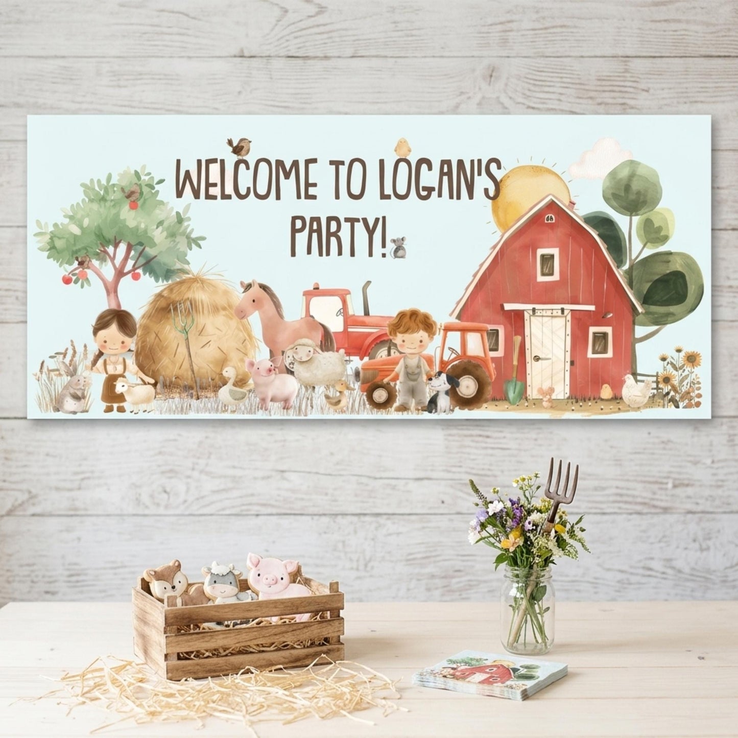Personalised Farmyard Birthday Banner, Custom Farm Theme Party Backdrop